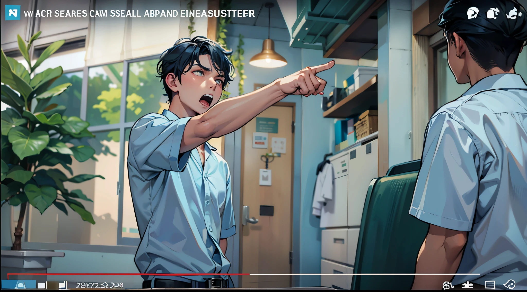 There is a handsome 15 year old boy angry pointing at another boy. cabello verde camisa color azul oscura lo amenaza esta furioso
