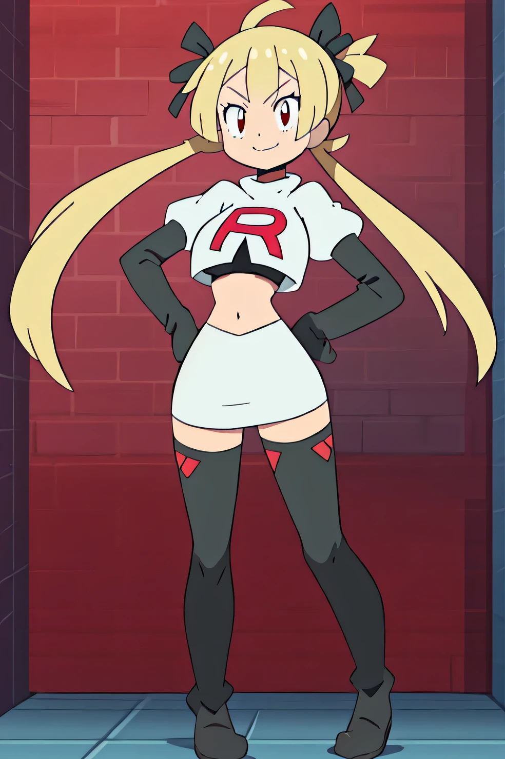 1girl in, (Solo:1.2), (Perfect body:1.1), (Best Quality:1.1), Cute Girl, Tsundere:1.1, (student clothes:1.4), (tiered layers skirt:1.2), very large breast, a blond, Long twintails, Black Ribbon Hair Fastening, Tsuriformes, sharp eye, Sanpaku eyes, (Seductive smile:1.5), Noble atmosphere, Fine-grained skin, (Choker with a cross:1.1), View of the valley, Navel Ejection, Raw feet, a belt on the thighhigh, Bright red eyes, Shining eyes, (NSFW:0.8), 8K, a belt on the thighhigh, Skinny Legs, School grounds with grass, full body seen, (Looking down here:1.2), (Loose socks:1.3), I don't have anything in my hands, No one around, hands on hip,team rocket uniform, red letter r, white skirt,white crop top,black thigh-high boots, black elbow gloves, glaring angrily, looking at viewer, hands on hips, full body seen