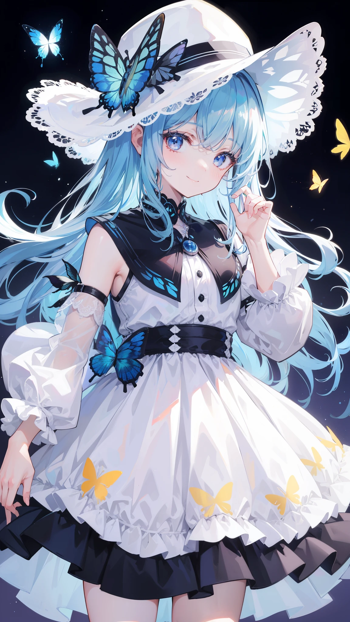 32k, best quality, ultra-detailed, high resolution, perfect anatomy, head on, cute girl, cute dress, cute hat, cute smile, butterfly background,
