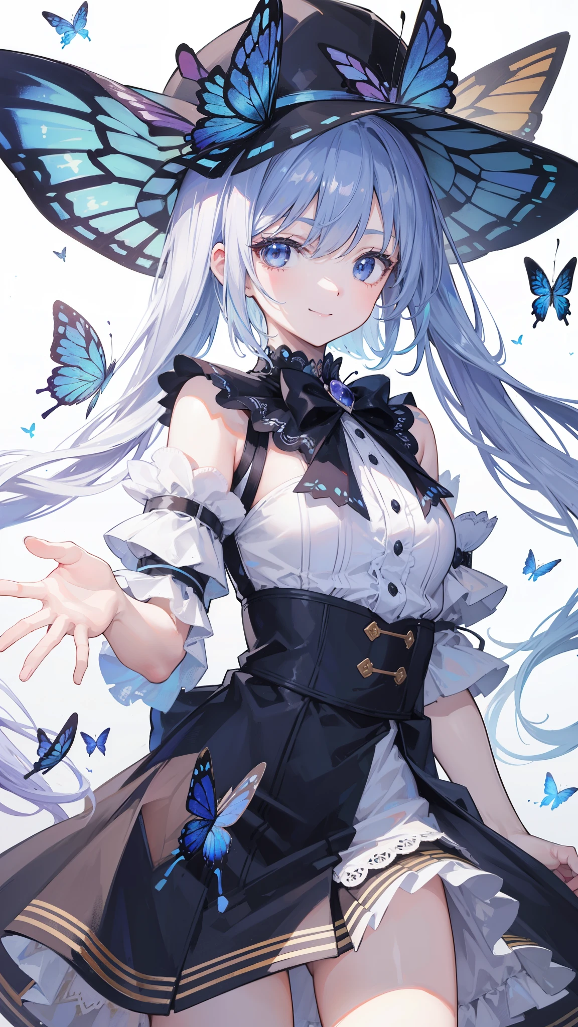 32k, best quality, ultra-detailed, high resolution, perfect anatomy, head on, cute girl, cute dress, cute hat, cute smile, butterfly background,