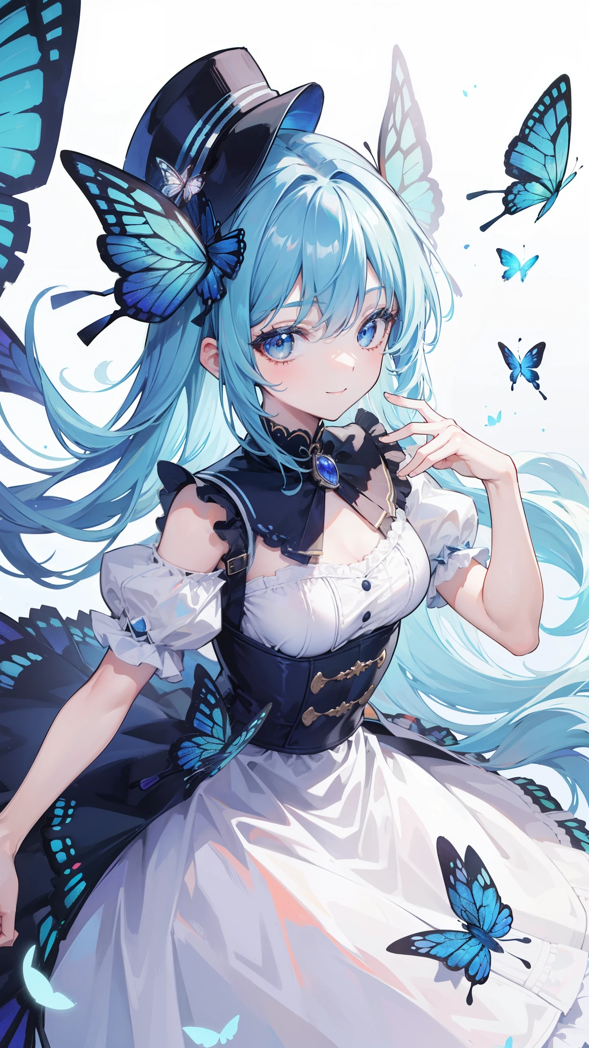 32k, best quality, ultra-detailed, high resolution, perfect anatomy, head on, cute girl, cute dress, cute hat, cute smile, butterfly background,