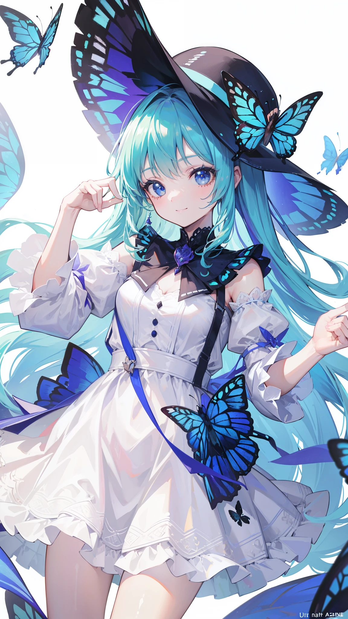 32k, best quality, ultra-detailed, high resolution, perfect anatomy, head on, cute girl, cute dress, cute hat, cute smile, butterfly background,