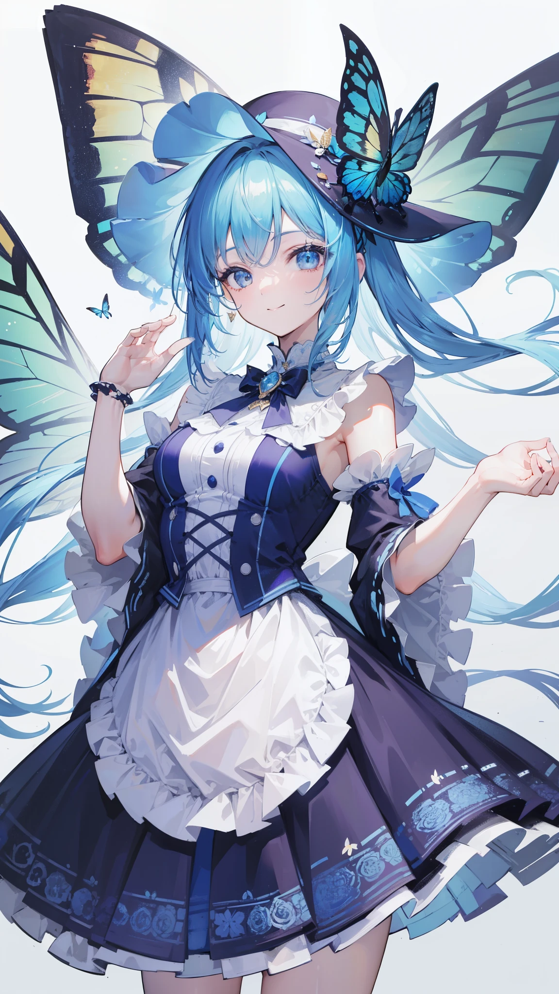32k, best quality, ultra-detailed, high resolution, perfect anatomy, head on, cute girl, cute dress, cute hat, cute smile, butterfly background, 