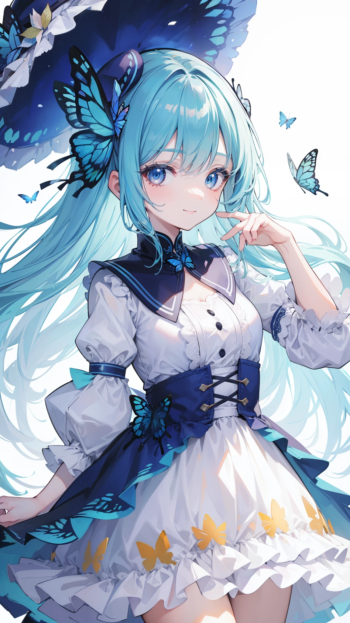 32k, best quality, ultra-detailed, high resolution, perfect anatomy, head on, cute girl, cute dress, cute hat, cute smile, butterfly background,