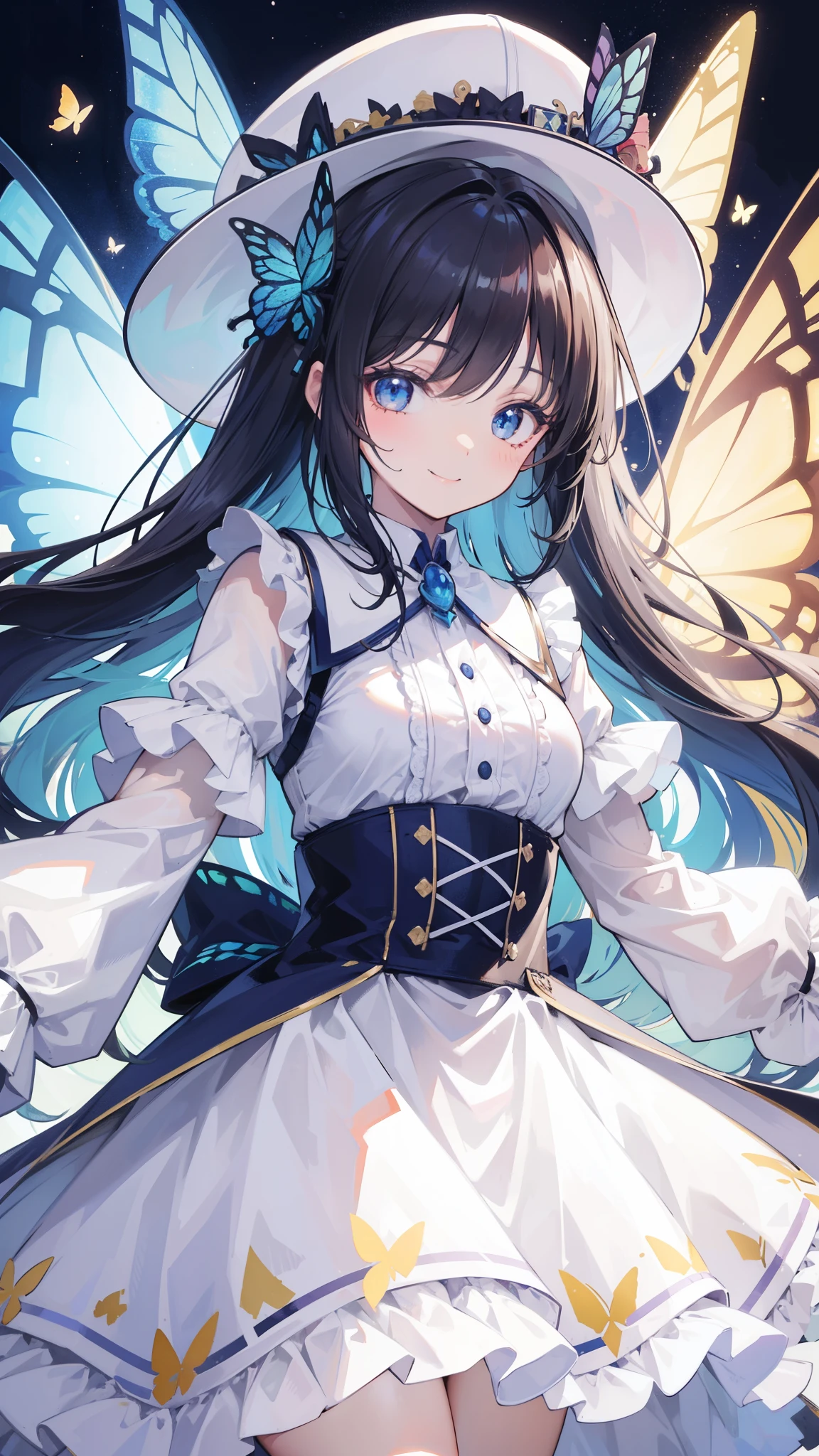 32k, best quality, ultra-detailed, high resolution, perfect anatomy, head on, cute girl, cute dress, cute hat, cute smile, butterfly background,