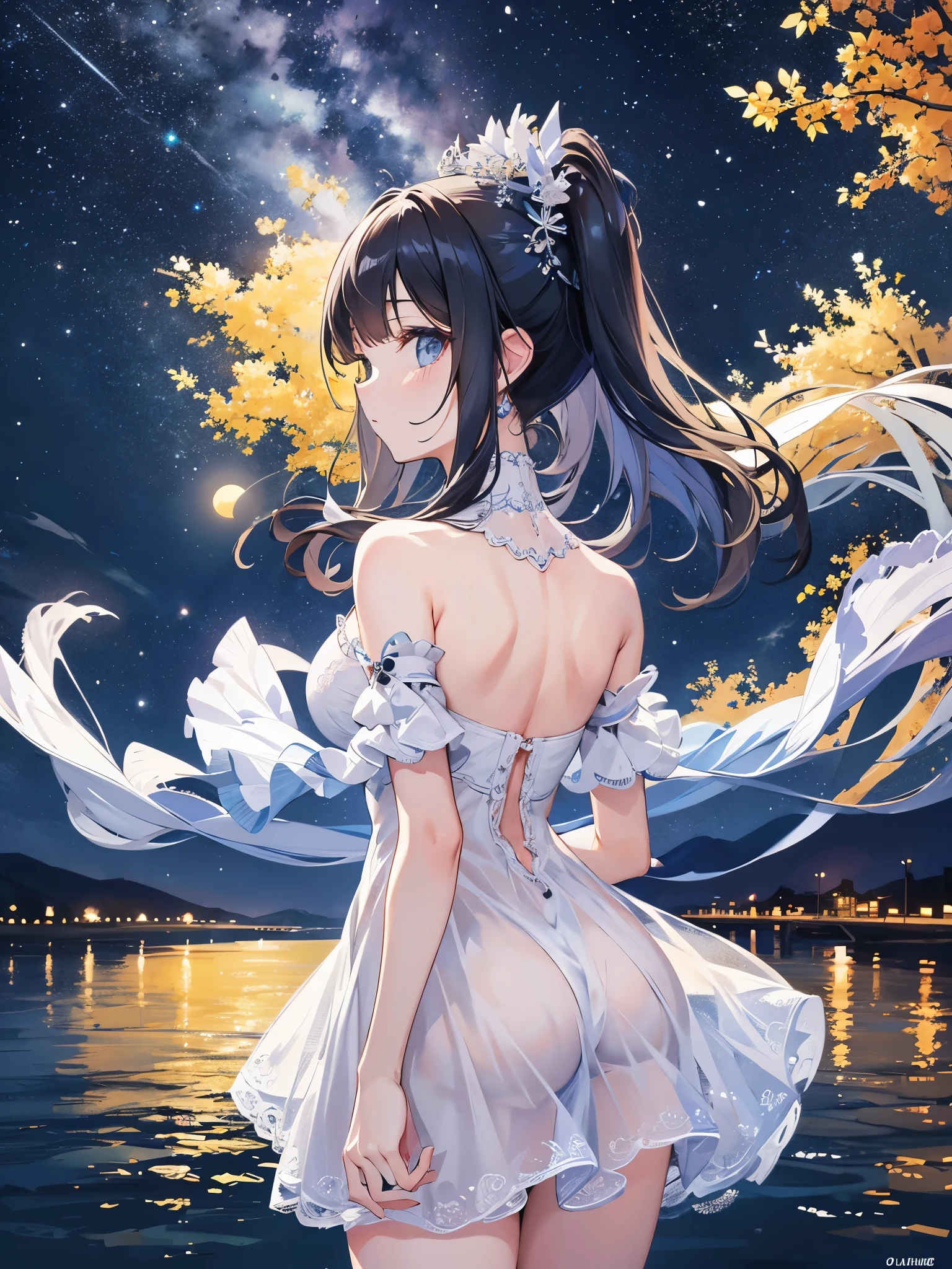 ultra-detailed, looking at the beautiful night view、Cute girl, back view