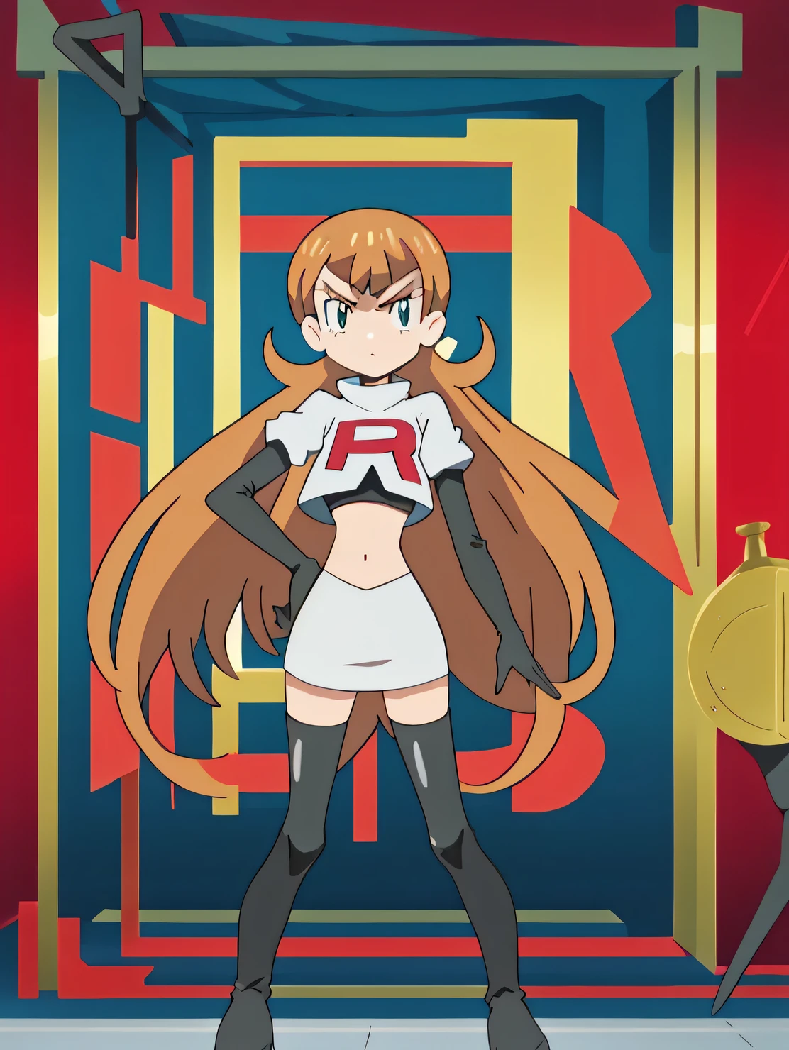 masterpiece, best quality, SvnV4, 1girl, solo, masterpiece, best quality, highres,team rocket uniform, red letter r, white skirt, white crop top, black thigh-high boots, black elbow gloves, glaring angrily, looking at viewer, hands on hips, full body seen, zettai ryouiki