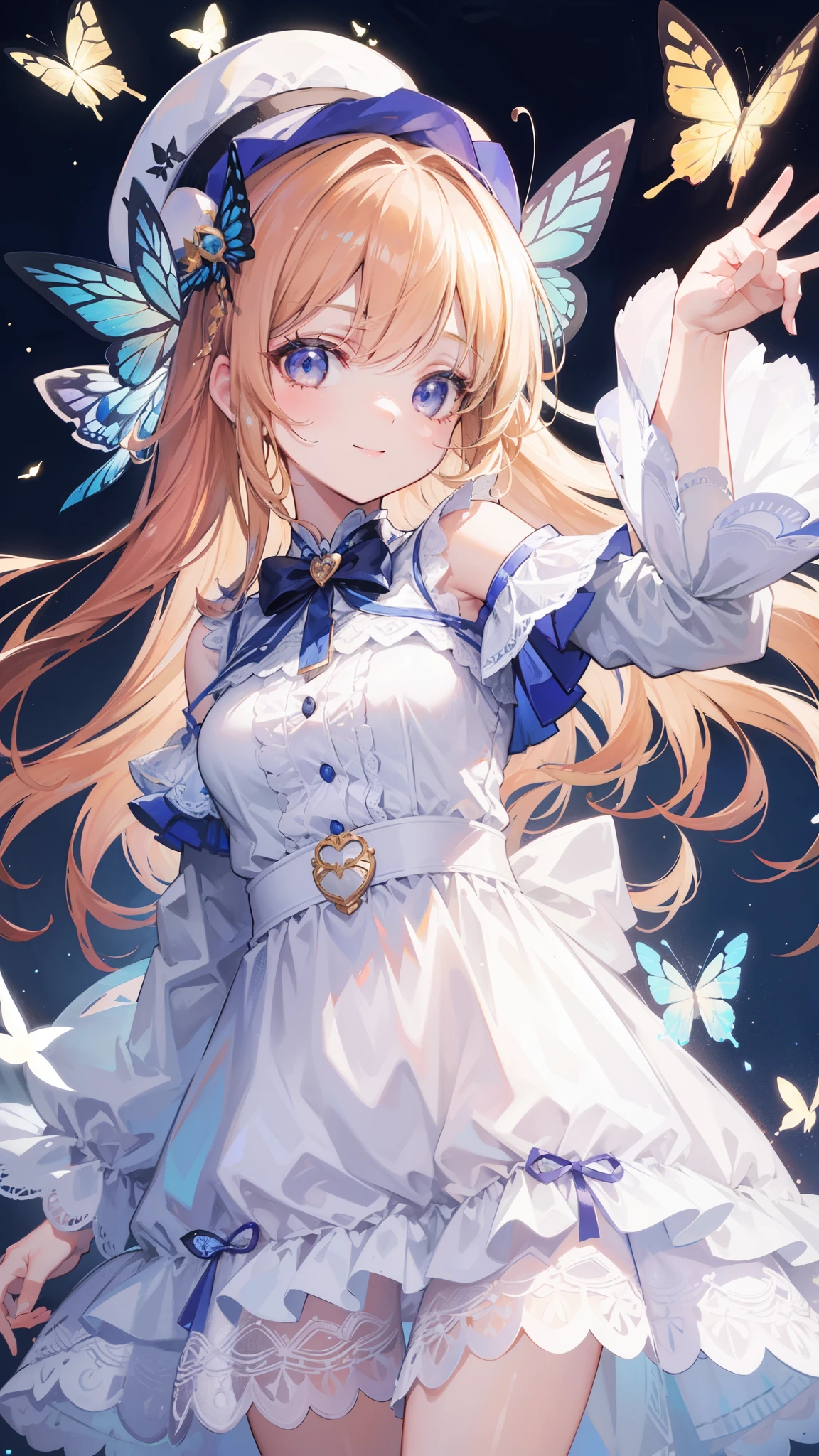 32k, best quality, ultra-detailed, high resolution, perfect anatomy, head on, cute girl, cute dress, cute hat, cute smile, butterfly background,