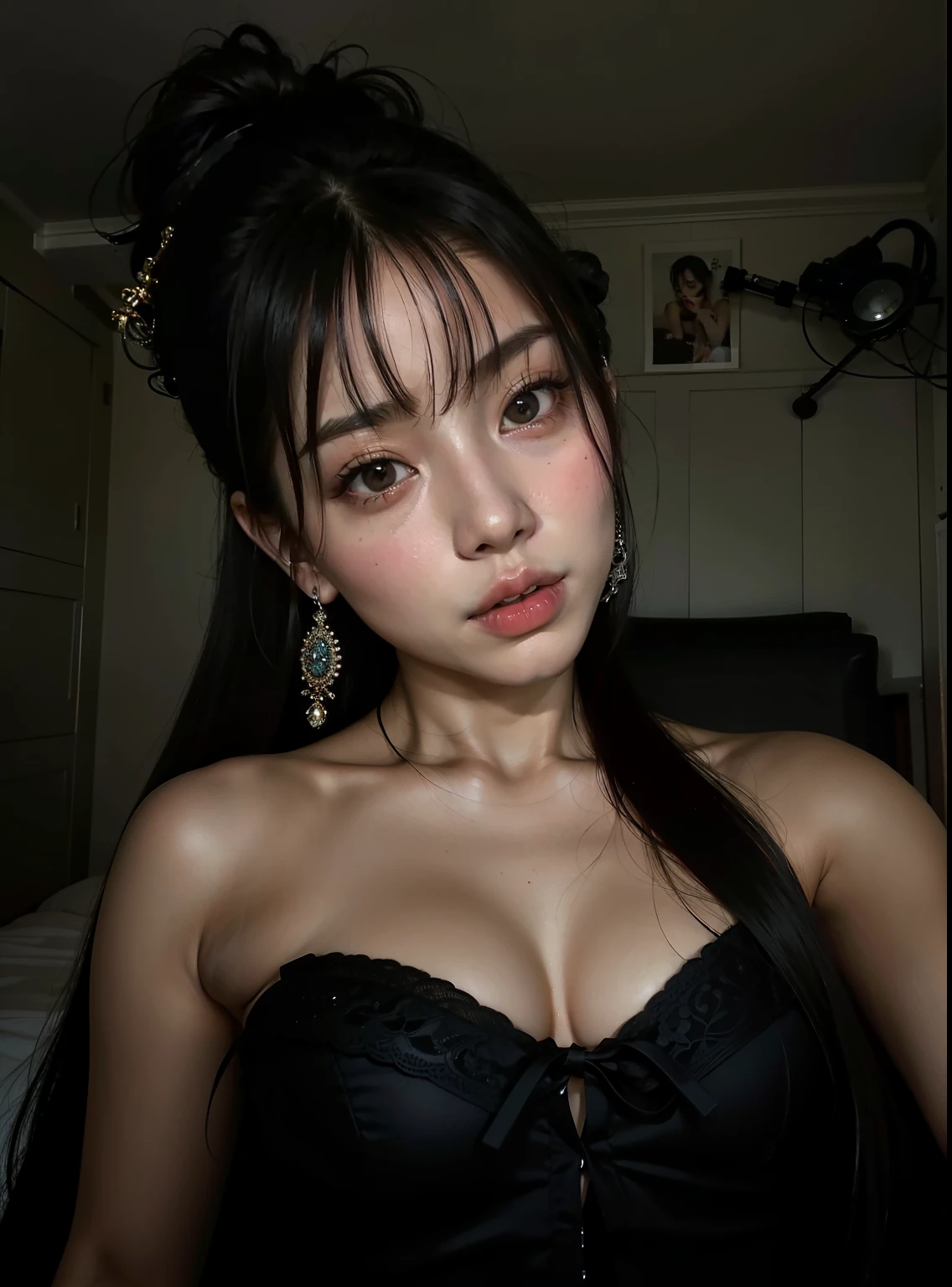 there is a woman in a black dress posing for a picture, cruel korean goth girl, rosto sexy com maquiagem completa, asian face, beautiful  Asian, características Asians, linda mulher sul-coreana,  Asian, look sexy at the camera,  coreana, uma mulher Asian, linda jovem coreana, detailed face of a  Asian, 18 anos de idade, Xisionwu