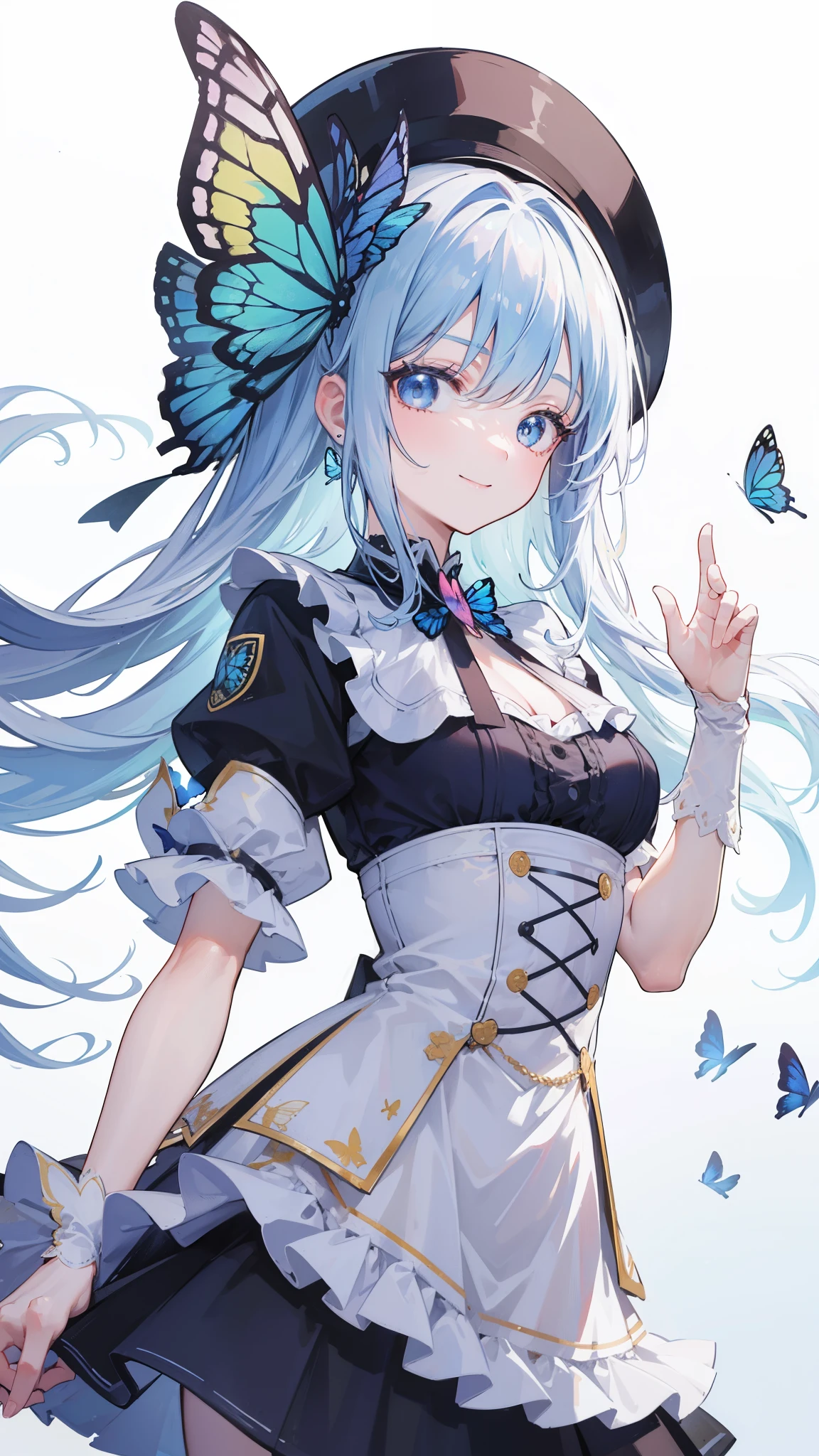 32k, best quality, ultra-detailed, high resolution, perfect anatomy, head on, cute girl, cute dress, cute hat, cute smile, butterfly background,