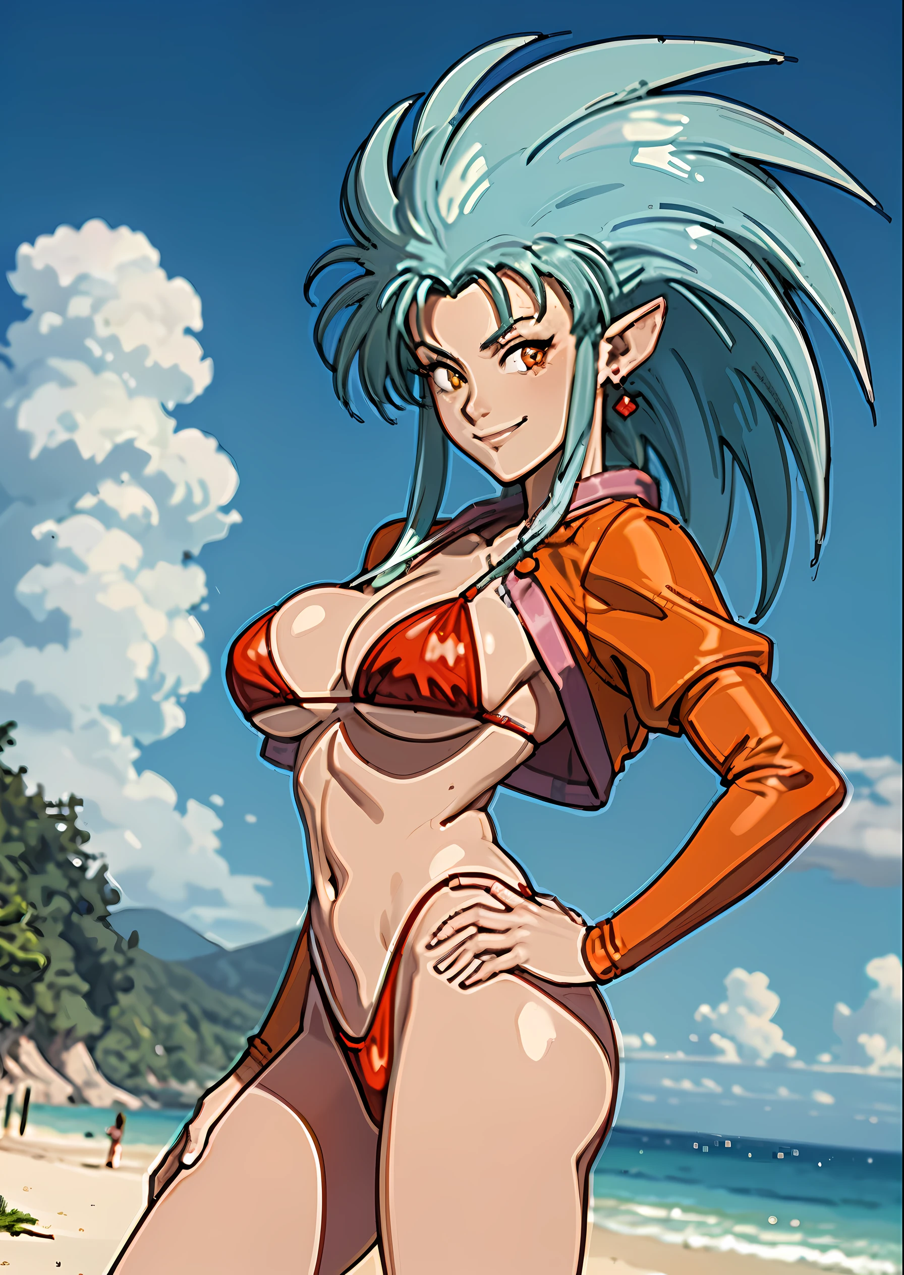 (masterpiece, best quality:1.1), ryouko_(tenchi_muyou!), hand on hip, smile, 1girl, solo, big hair, blue hair, spiked hair, pointy ears, red earrings, highleg bikini, micro bikini,  white and red  bikini, covered, yellow eyes, huge breasts, beach, blue sky