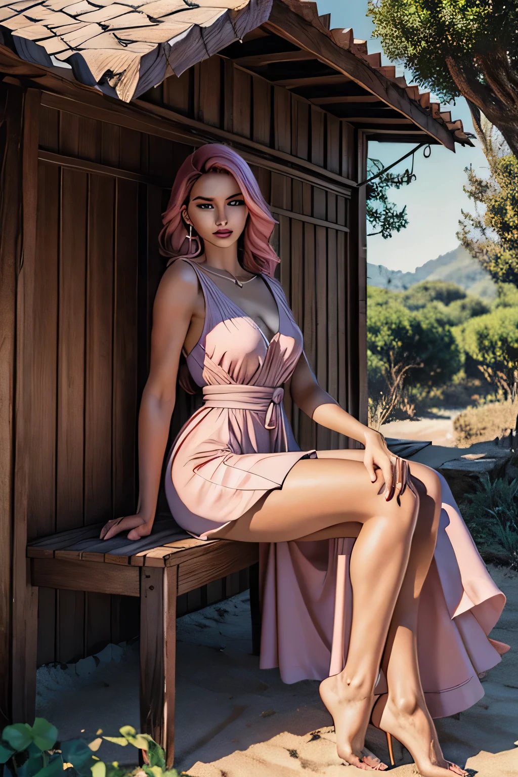 a woman with fine features, com longos cabelos loiros um vestido rosa claro, cabelos loiros cintilantes e ondulados, ultra detalhes de rosto e corpo, full body illustration, perfeitos detalhes do rosto, olhos, nariz e boca com batom rosa, tendo uma casa de fazenda com galinhas e frutas em um cesto, imagem ultra realista de uma foto, UHD, 8K RESOLUTION
