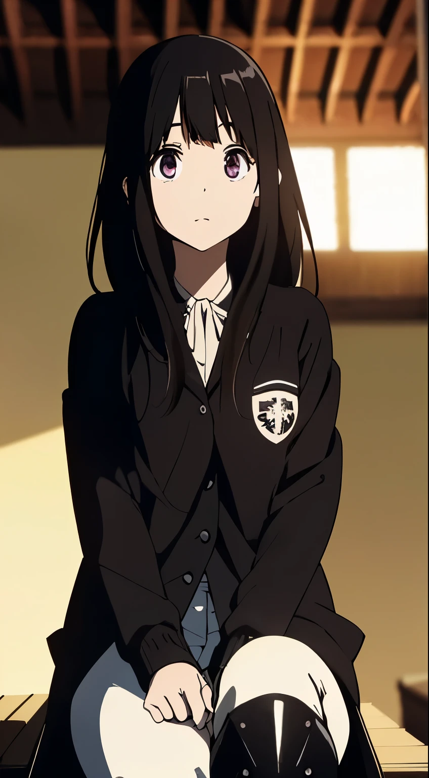 Rained , black long hair, campus uniform, glasses, brown eyes