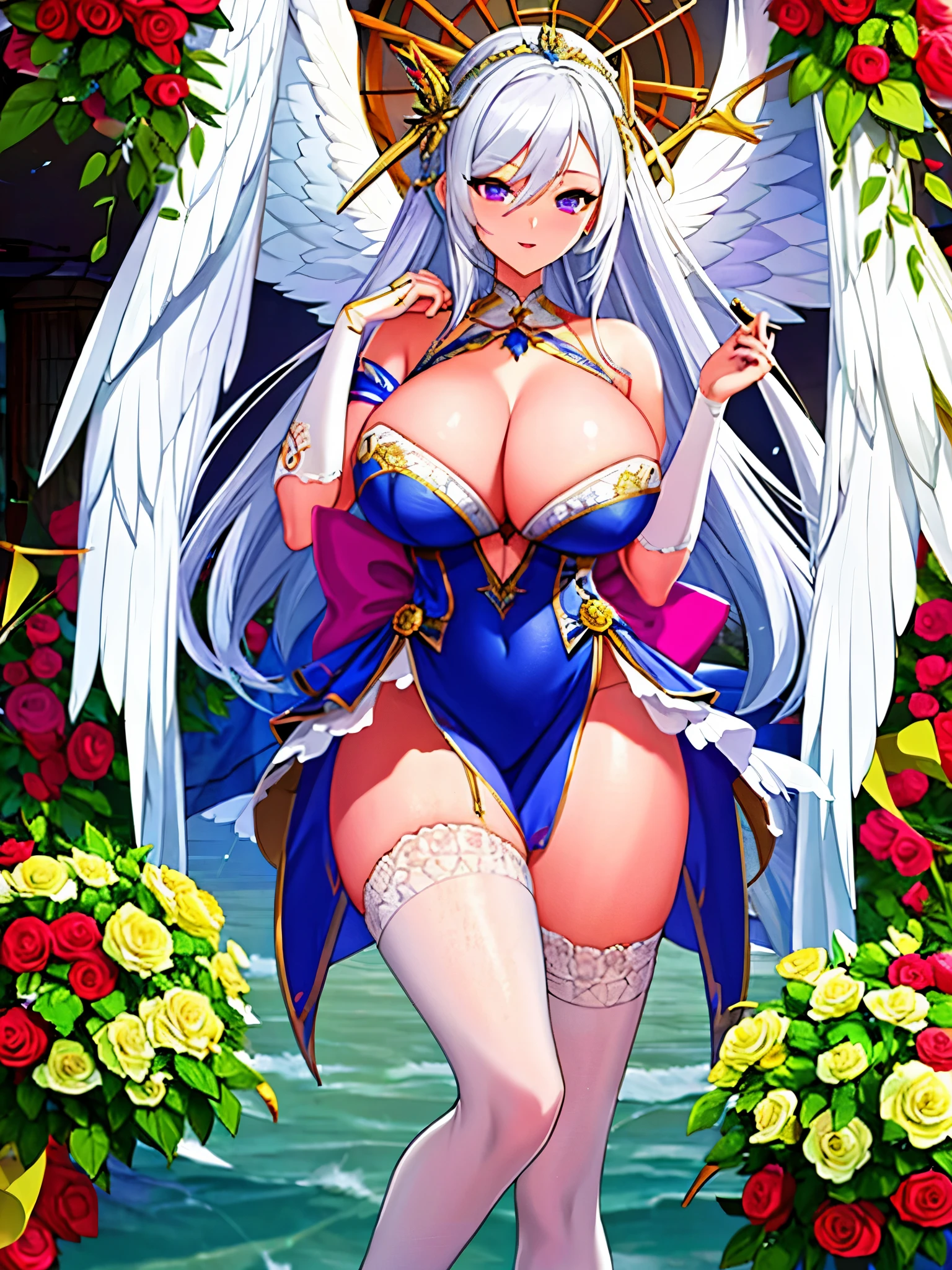 (masterpiece, best quality:1.2), 1girl, solo, silver hair,crystal hair, butterflies,long white hair,8k wallpaper,detailedbackground,Highest resolution,deep v big breasts,Hair covers one eye,Bandeau,chies,Purple roses,tight-fitting,High socks,stockings