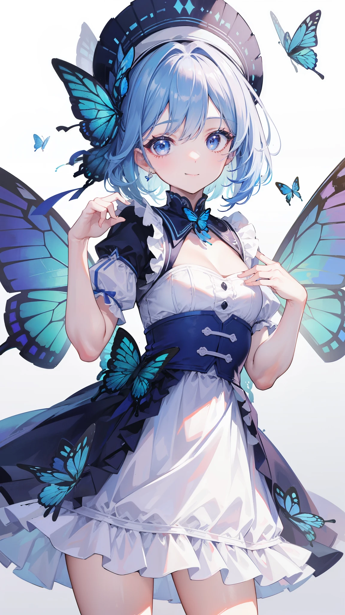 32k, best quality, ultra-detailed, high resolution, perfect anatomy, head on, cute girl, cute dress, cute hat, cute smile, butterfly background,