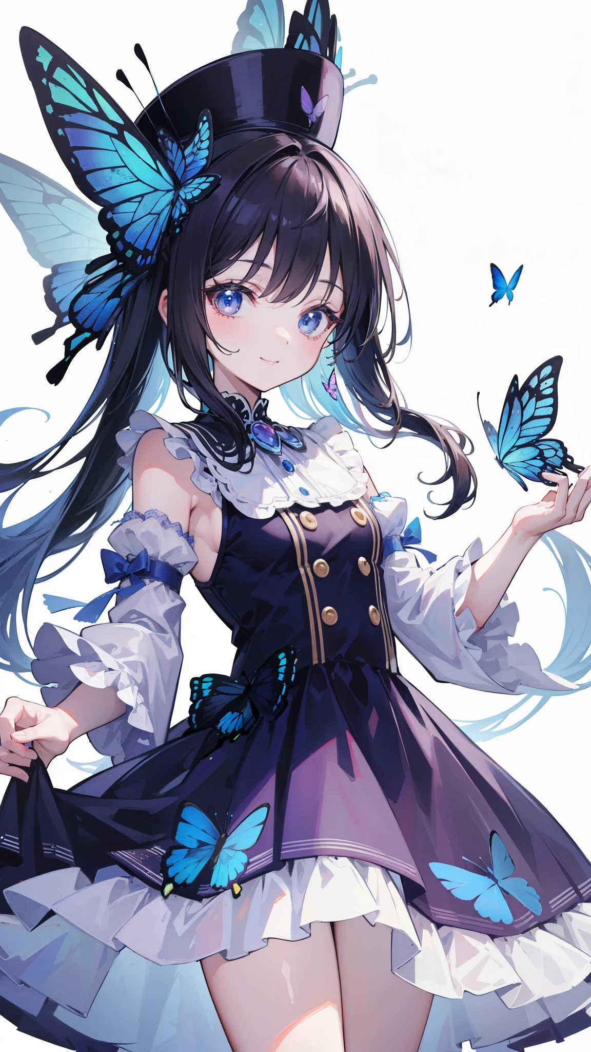 32k, best quality, ultra-detailed, high resolution, perfect anatomy, head on, cute girl, cute dress, cute hat, cute smile, butterfly background, 