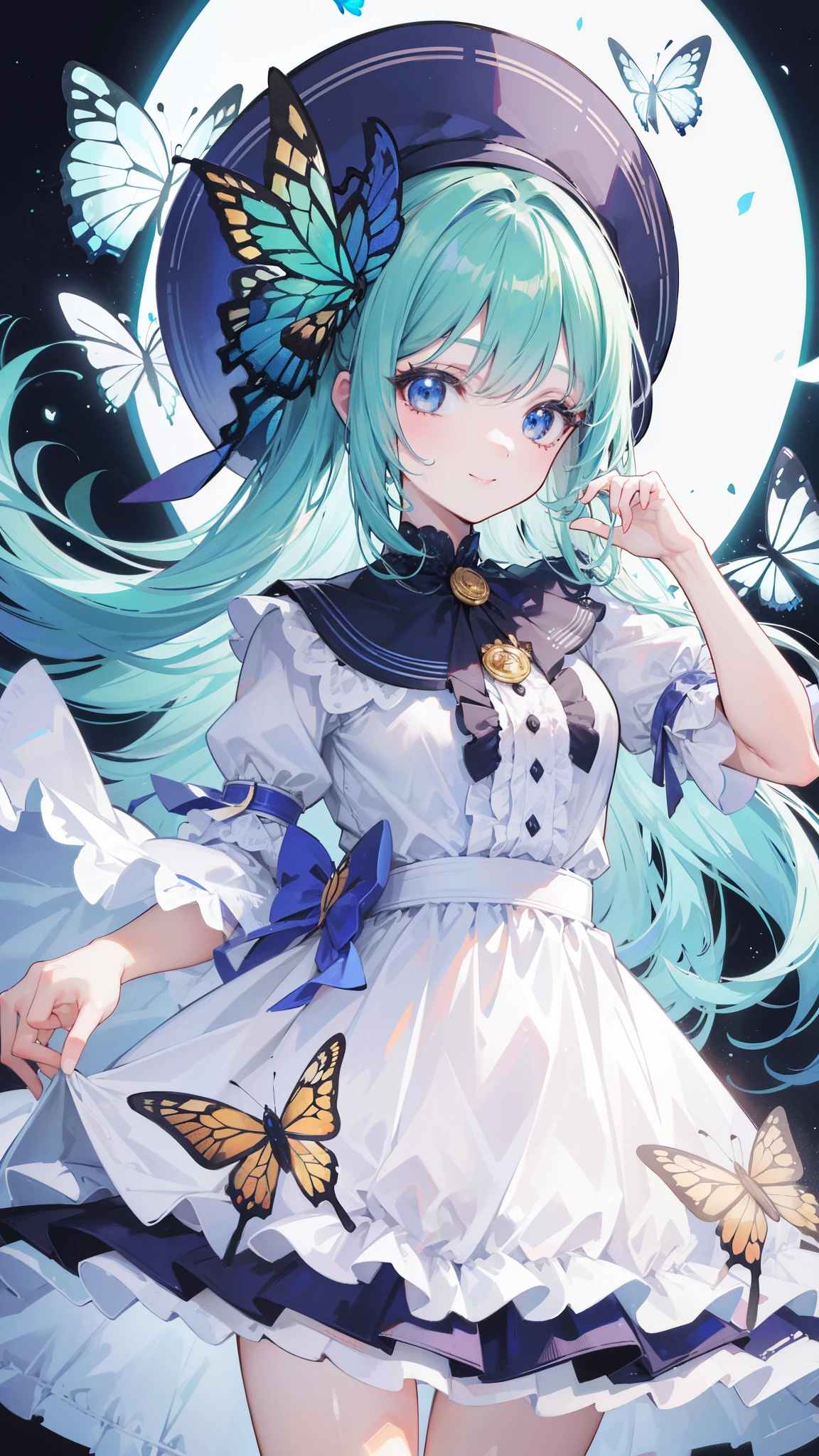 32k, best quality, ultra-detailed, high resolution, perfect anatomy, head on, cute girl, cute dress, cute hat, cute smile, butterfly background,