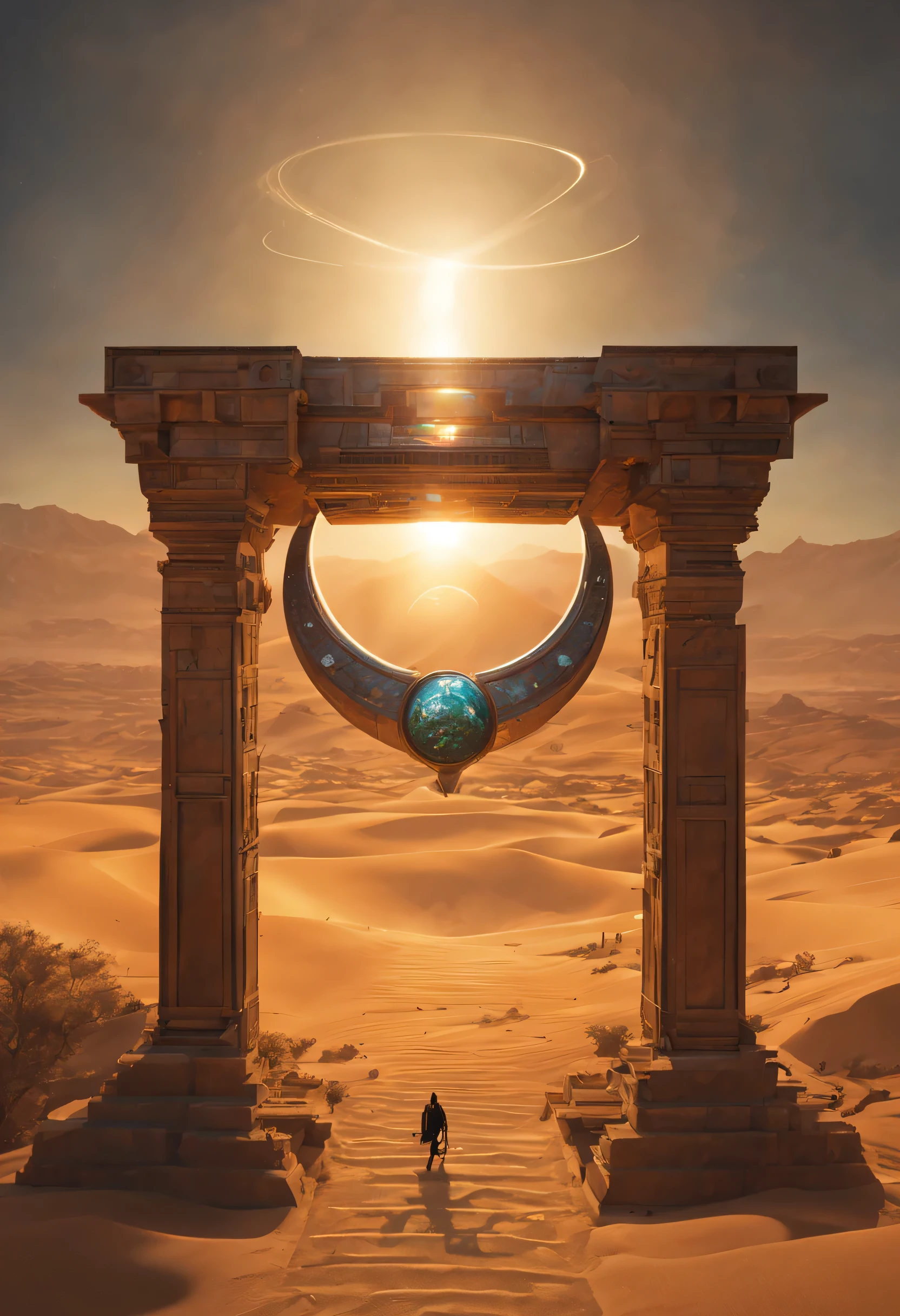 
In the heart of an ancient, desert landscape lies a scene that bridges the realms of forgotten pasts and distant futures, titled "Forgotten Gateway of Time and Space". At the center of the frame stands a dusty Stargate, an artifact of incomprehensible technology and ancient design, its circular form etched with symbols and glyphs that glow with an otherworldly light. The gate stands as a silent sentinel in the midst of time, surrounded by the remnants of a civilization that once mastered the secrets of the cosmos.

Beside the Stargate, a dialing device commands attention, its surface alive with the light of activated chevrons. This device, with its intricate design and ancient symbols, serves as the key to unlocking the Stargate's mysteries. The chevrons, illuminated against the backdrop of the desert's twilight, cast a haunting glow on the sands and ruins that surround it, hinting at the power and knowledge lost to time.

As the final chevron locks into place, the Stargate awakens from its slumber. A vortex of energy bursts forth, settling into a shimmering wormhole that stands as a liquid window to another time and place. This wormhole, almost alive in its motion, shimmers with colors that dance and play across its surface, an aurora of cosmic energy that pulses with the heartbeat of the universe. The air around the Stargate vibrates with the power of the activated portal, the hum of ancient machinery mingling with the whispers of the desert wind.

The scene is one of profound mystery and wonder, capturing a moment when the ancient and the infinite intersect. The activated Stargate, with its pulsing wormhole, serves as a reminder of the boundless possibilities that lie beyond our understanding, inviting the viewer to imagine the destinations that await on the other side of this cosmic gateway. The combination of the dust-covered Stargate, the glowing dialing device, and the mesmerizing wormhole creates an image that is not only epic in its scale but also intimate