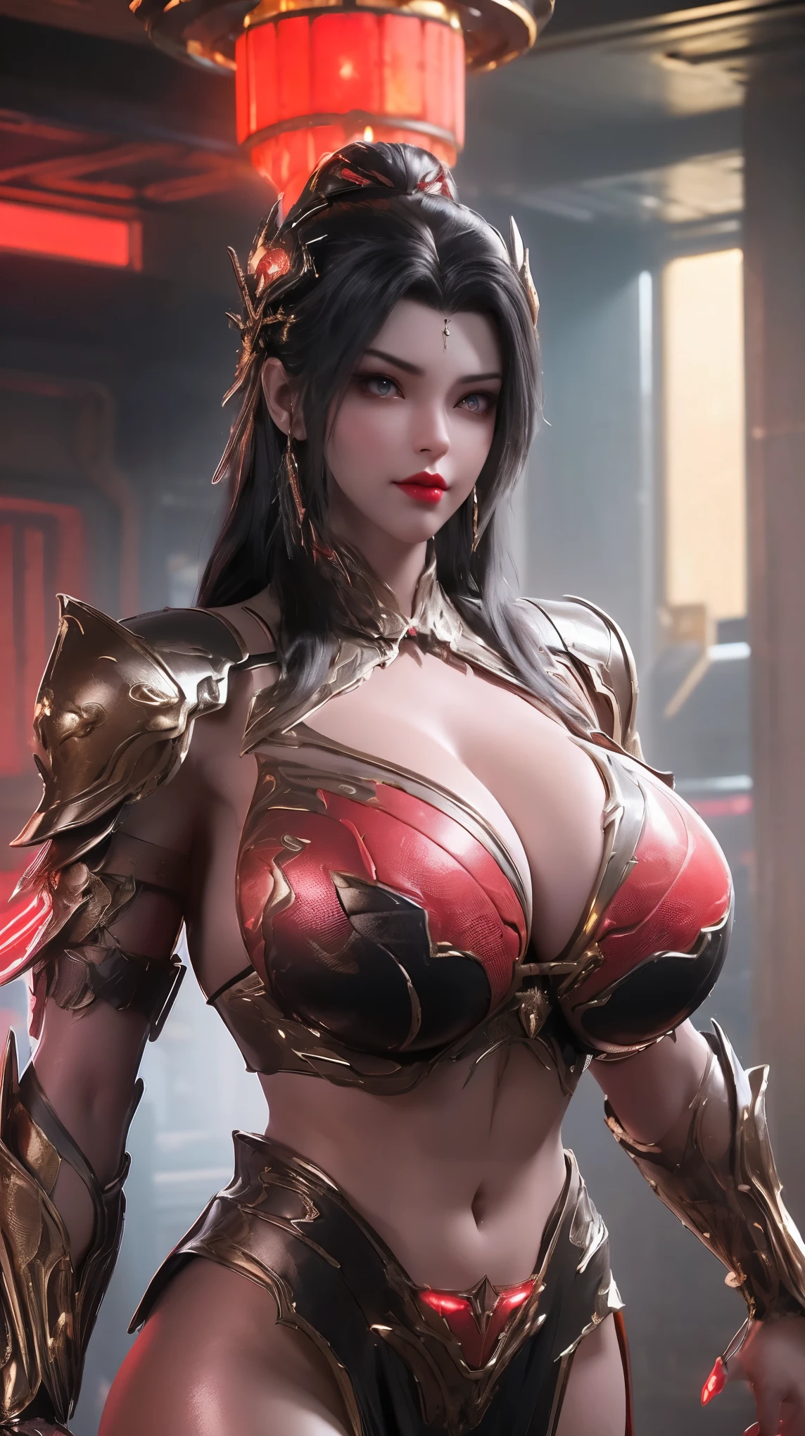 A BUSTY MILF, CLOSE UP UPPER BODY,SOLO,(BEAUTY BLACK HAIR, GOLD DRAGON HORN), (MASSIVE FAKE BOOBIES,CLEAVAGE TOP,MUSCULAR ABS:1.5), ((WEARING OUTFIT (LED RED, BLACK) CYBERPUNK GIRL BIKINI ARMOR:1.5)),(CURVY VOLUPTUOUS BODY SHAPE:1.5), (SWEATY GLOSSY BODYSKIN:1.5), (LOOKING AT VIEWER:1.6), (BACKGROUND FUTURISTIC SPACE STATION:1), (PHOTOREALSITIC:1.4), (ULTRA-DETAILLIERT), (TOP-QUALITY), (BEST SHADOWS), BRIGHT LIGHT IN ROOM, HYPER TEXTURE, (4X MSAA), ((UNREAL ENGINE 5 RENDER)), PHYSICALLY-BASED RENDERING, ULTRA HIGHT DEFINITION, 16K, 1080P.