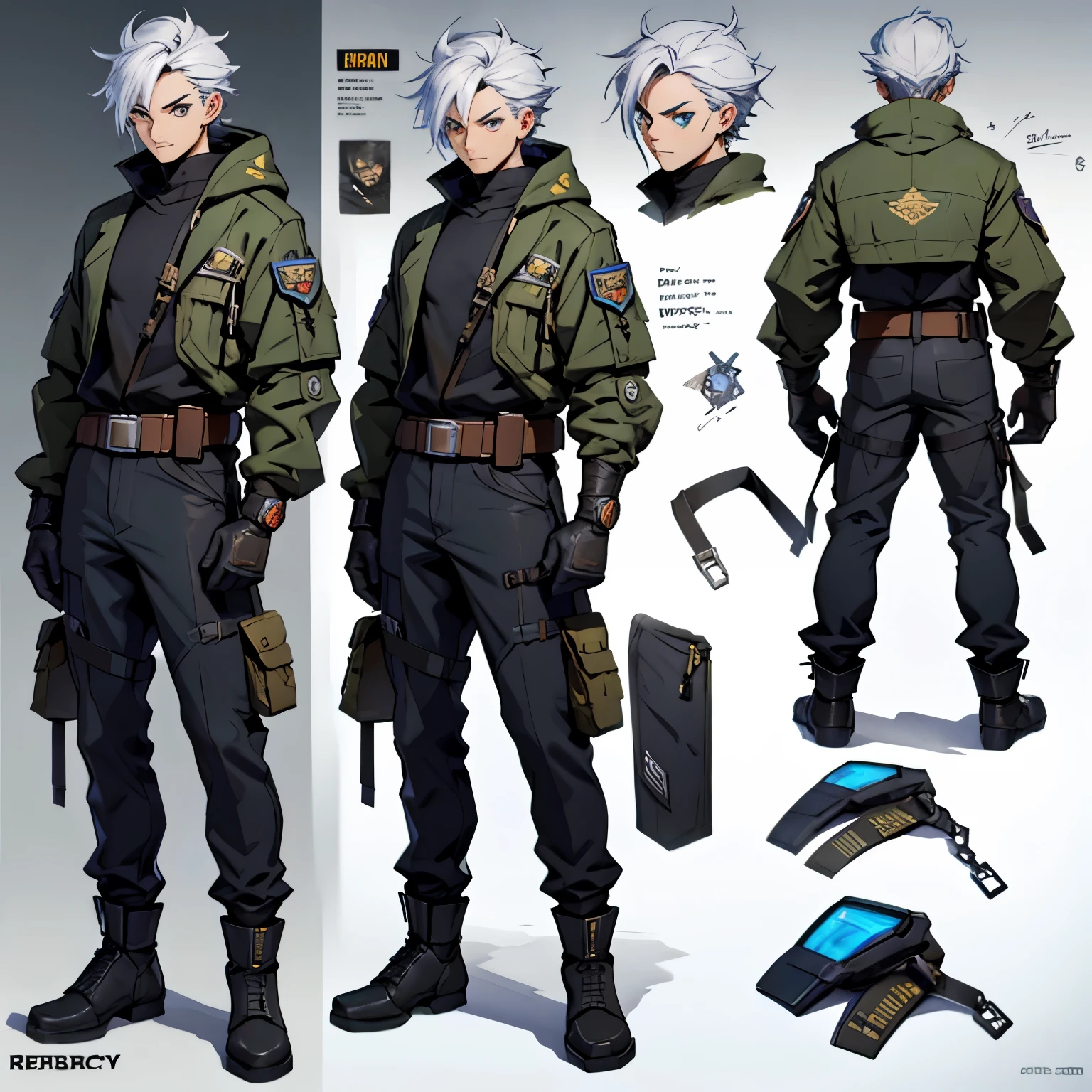 Close-up of a man in a pistol costume, ((character concept art)), ((Character design sheet, same character, on front, from on the side, At the back)) Character image, Video game character design, Video game character design, hair color: Silver with gold parting, Age: youth, eyecolor: Heterochromia: One eye is golden , the other is brown, SCI-FI Одежда, He wears gloves on his hands, Wears special boots , which could convert his energy and give him jolts while running. During the use of certain abilities, A helmet is formed on the head. He has a code name around his neck, expert high detail concept art, Concept art of a metal bullet, Fun character design. ConceptArt, belt buckle at the waist, SCI FI style weapons,