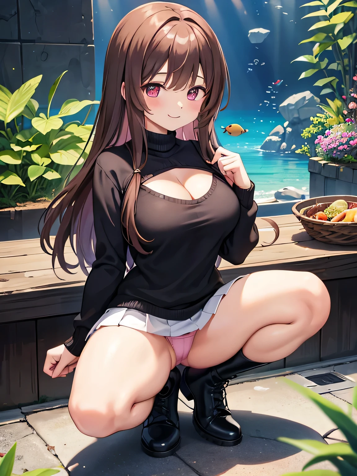 (1) A woman is squatting on both knees、pink panties are visible.
(2) Women have long brown hair.
(3) The woman is wearing a white V-neck knit, black miniskirt and long boots.
(4) The woman's expression is a smile.
(5) Cleavage in women is visible.
(6) The place is an aquarium.