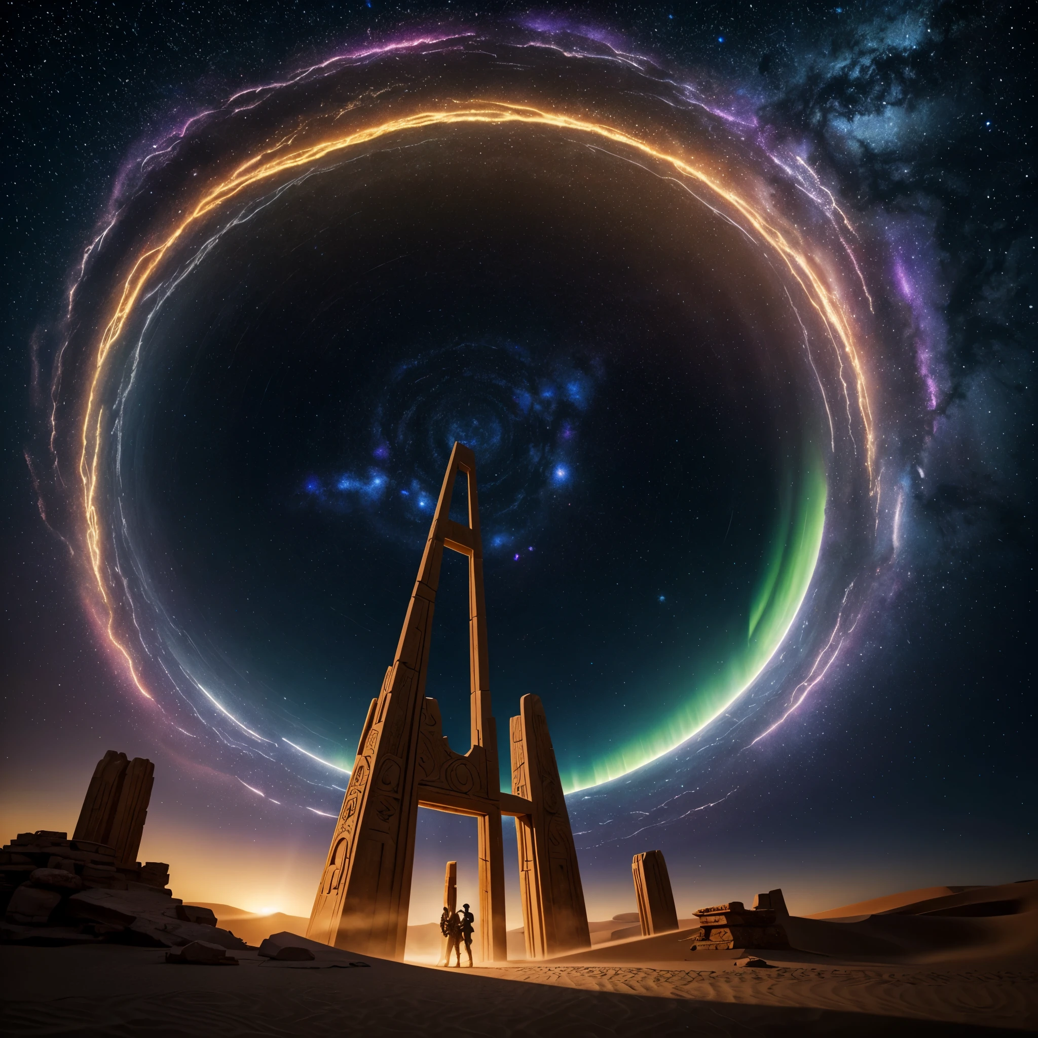 
In the heart of an ancient, desert landscape lies a scene that bridges the realms of forgotten pasts and distant futures, titled "Forgotten Gateway of Time and Space". At the center of the frame stands a dusty Stargate, an artifact of incomprehensible technology and ancient design, its circular form etched with symbols and glyphs that glow with an otherworldly light. The gate stands as a silent sentinel in the midst of time, surrounded by the remnants of a civilization that once mastered the secrets of the cosmos.

Beside the Stargate, a dialing device commands attention, its surface alive with the light of activated chevrons. This device, with its intricate design and ancient symbols, serves as the key to unlocking the Stargate's mysteries. The chevrons, illuminated against the backdrop of the desert's twilight, cast a haunting glow on the sands and ruins that surround it, hinting at the power and knowledge lost to time.

As the final chevron locks into place, the Stargate awakens from its slumber. A vortex of energy bursts forth, settling into a shimmering wormhole that stands as a liquid window to another time and place. This wormhole, almost alive in its motion, shimmers with colors that dance and play across its surface, an aurora of cosmic energy that pulses with the heartbeat of the universe. The air around the Stargate vibrates with the power of the activated portal, the hum of ancient machinery mingling with the whispers of the desert wind.

The scene is one of profound mystery and wonder, capturing a moment when the ancient and the infinite intersect. The activated Stargate, with its pulsing wormhole, serves as a reminder of the boundless possibilities that lie beyond our understanding, inviting the viewer to imagine the destinations that await on the other side of this cosmic gateway. The combination of the dust-covered Stargate, the glowing dialing device, and the mesmerizing wormhole creates an image that is not only epic in its scale but also intimate