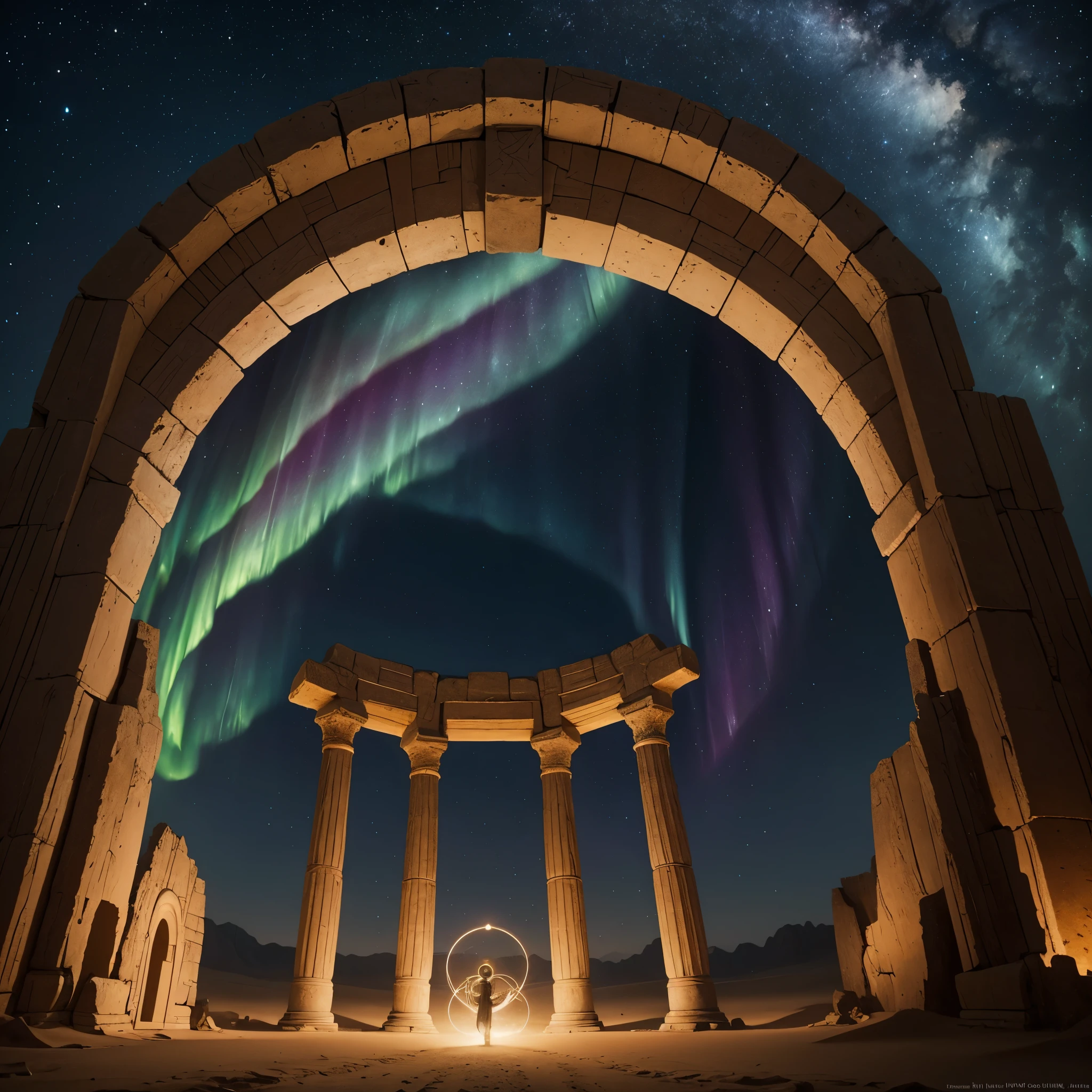 
In the heart of an ancient, desert landscape lies a scene that bridges the realms of forgotten pasts and distant futures, titled "Forgotten Gateway of Time and Space". At the center of the frame stands a dusty Stargate, an artifact of incomprehensible technology and ancient design, its circular form etched with symbols and glyphs that glow with an otherworldly light. The gate stands as a silent sentinel in the midst of time, surrounded by the remnants of a civilization that once mastered the secrets of the cosmos.

Beside the Stargate, a dialing device commands attention, its surface alive with the light of activated chevrons. This device, with its intricate design and ancient symbols, serves as the key to unlocking the Stargate's mysteries. The chevrons, illuminated against the backdrop of the desert's twilight, cast a haunting glow on the sands and ruins that surround it, hinting at the power and knowledge lost to time.

As the final chevron locks into place, the Stargate awakens from its slumber. A vortex of energy bursts forth, settling into a shimmering wormhole that stands as a liquid window to another time and place. This wormhole, almost alive in its motion, shimmers with colors that dance and play across its surface, an aurora of cosmic energy that pulses with the heartbeat of the universe. The air around the Stargate vibrates with the power of the activated portal, the hum of ancient machinery mingling with the whispers of the desert wind.

The scene is one of profound mystery and wonder, capturing a moment when the ancient and the infinite intersect. The activated Stargate, with its pulsing wormhole, serves as a reminder of the boundless possibilities that lie beyond our understanding, inviting the viewer to imagine the destinations that await on the other side of this cosmic gateway. The combination of the dust-covered Stargate, the glowing dialing device, and the mesmerizing wormhole creates an image that is not only epic in its scale but also intimate