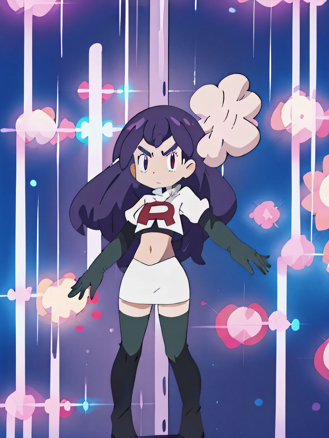 masterpiece, best quality, highres,team rocket uniform, red letter r, white skirt, white crop top, black thigh-high boots, black elbow gloves, glaring angrily, looking at viewer, hands on hips, full body seen, zettai ryouiki