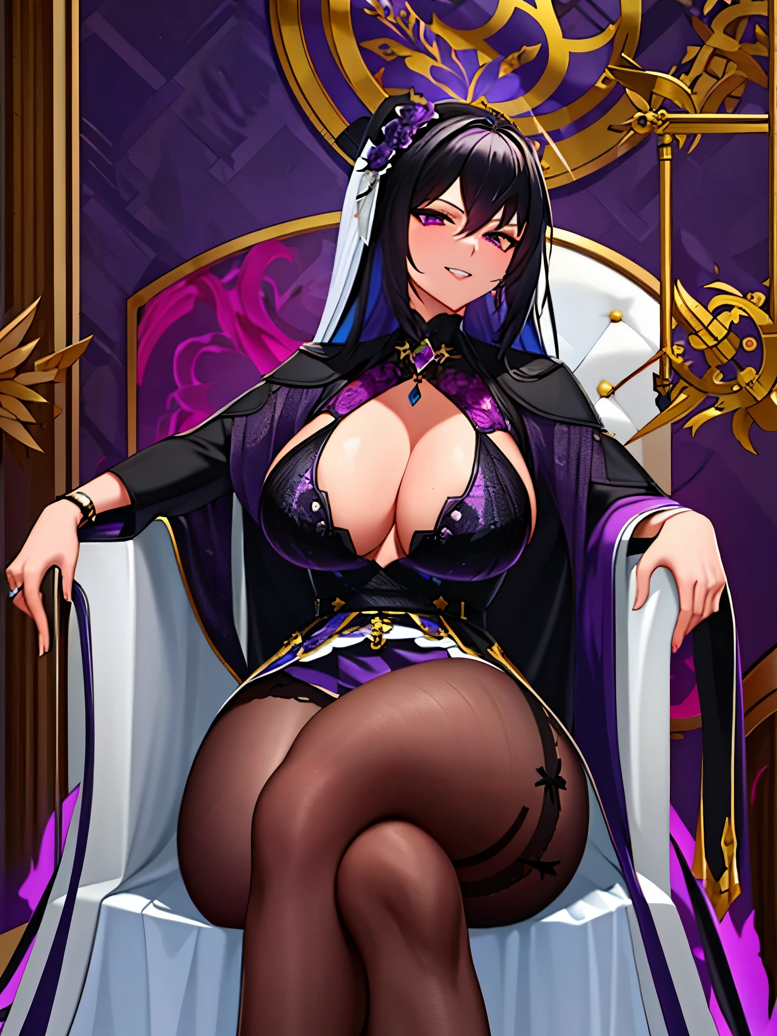 Highest resolution, 8k, ultra detailed outfit, ultra detailed digital illustration, trending on pixiv, (1 girl, solo, mature woman), dark purple hair with silver tips, large breasts, black eyes, (black veil, saw-tooth teeth, jagged teeth), elegant blue blazer, white blouse, deep V-neck, (black stockings, black pantyhose, black boots), (black and purple flowers as hair accessories, black and purple flowers), crossed legs, sexy pose, milf, sitting on a chair, aberrant colours, barren lands as background, colour scheme of background is purple black and blue, light grin, evil aura, curvy waist, long skirt