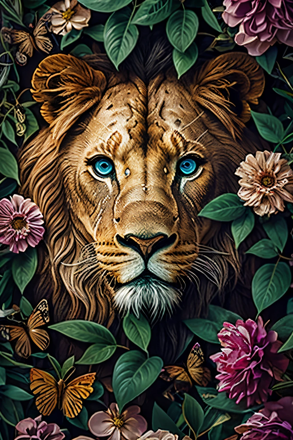 collage contemporary art, lion head, with flowers and leaves, some brilliant insects, painted, ultra detailed, full color, vibrant colors, 8k, fantasy