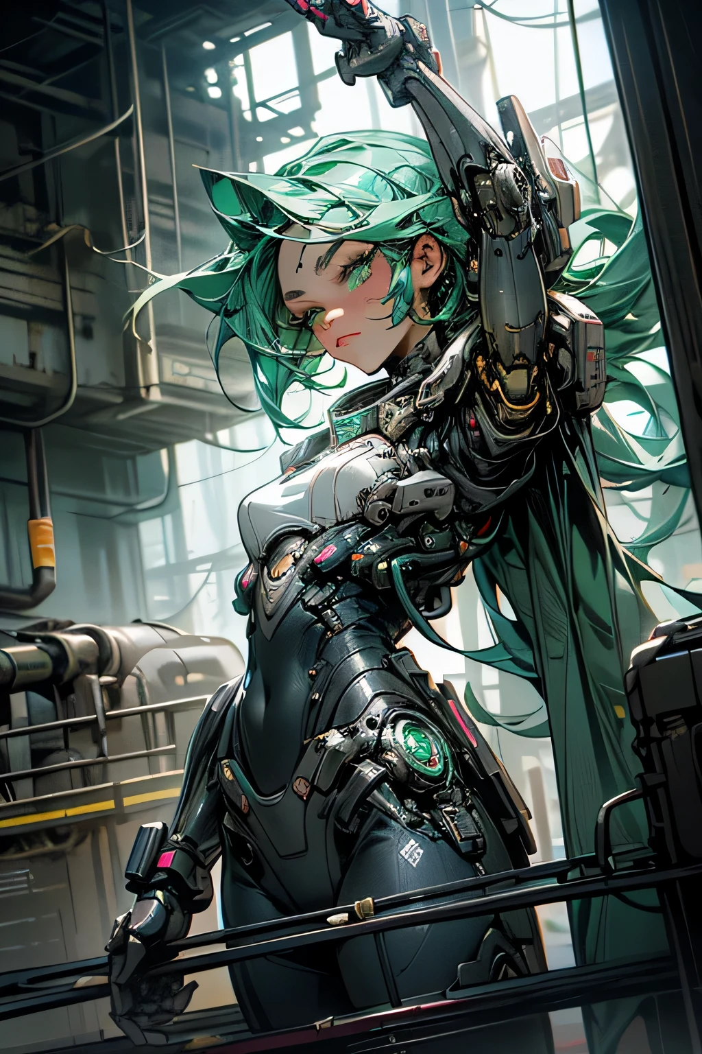 "A captivating cyborg girl, her robotic arm gleaming under the neon lights, dominates the view from this lofty vantage point. This intricately detailed cyberpunk illustration exudes an otherworldly allure, with a palette of cool, metallic hues and splashes of electric blue. The cyborg's piercing green eyes add an air of mystery and intelligence, making for a truly mesmerizing spectacle." --s2
Or, if you prefer a more dramatic tone:
"Perched atop the towering structure, a solitary cyborg girl stands guard. Her robotic arm, a testament to the marriage of technology and biology,