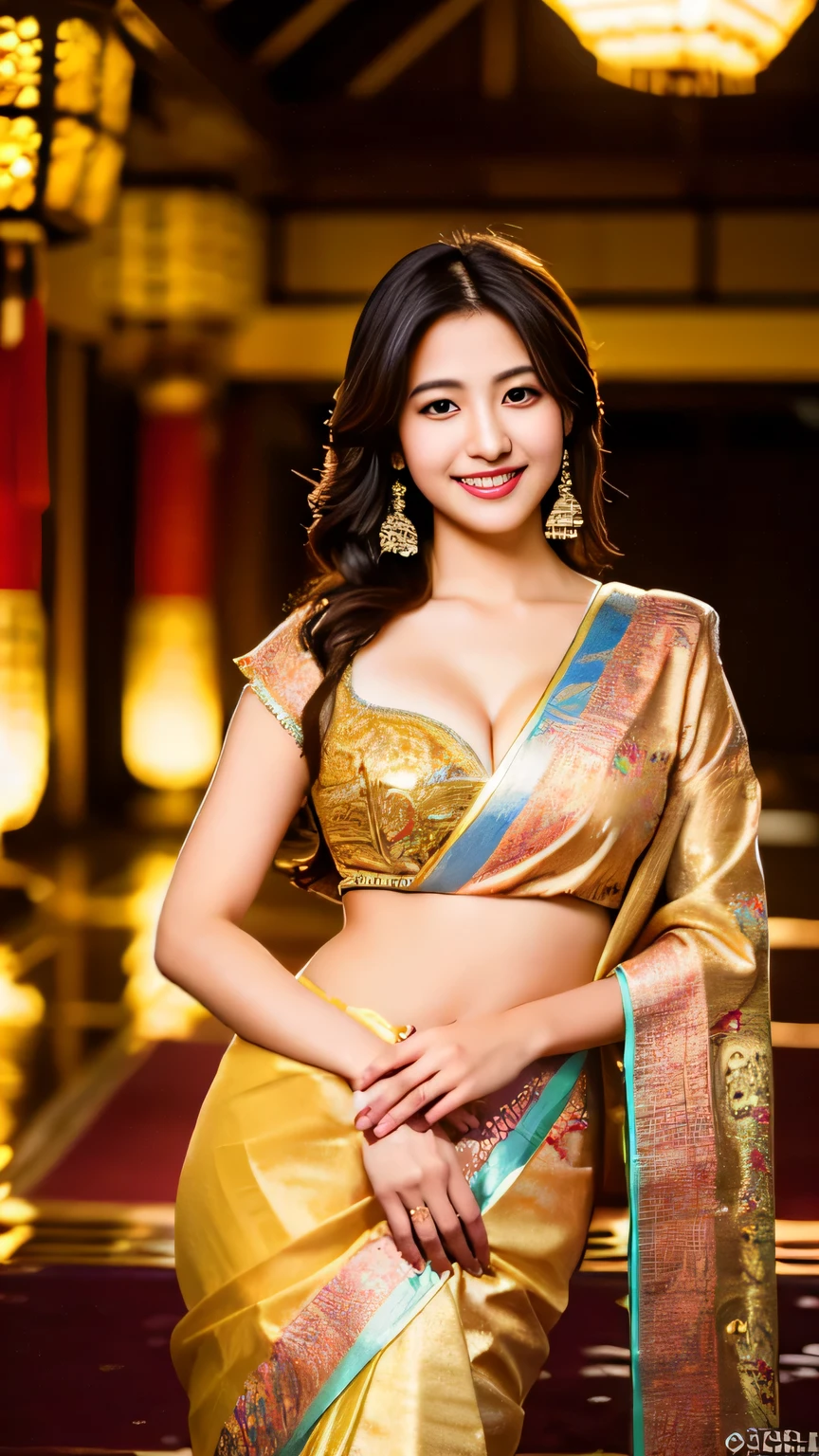 (realistic, photo-realistic:1.4), (extremely detailed 8k wallpaper), bokeh, detailed beautiful eyes and skin, (Image from thighs to head:1.3), (Japanese idol:1.3), 25yo, beautiful woman, smile, large breast, 
Golden saree with intricate embroidery, Regal, Palace interior lights, Royal courtyard setting,