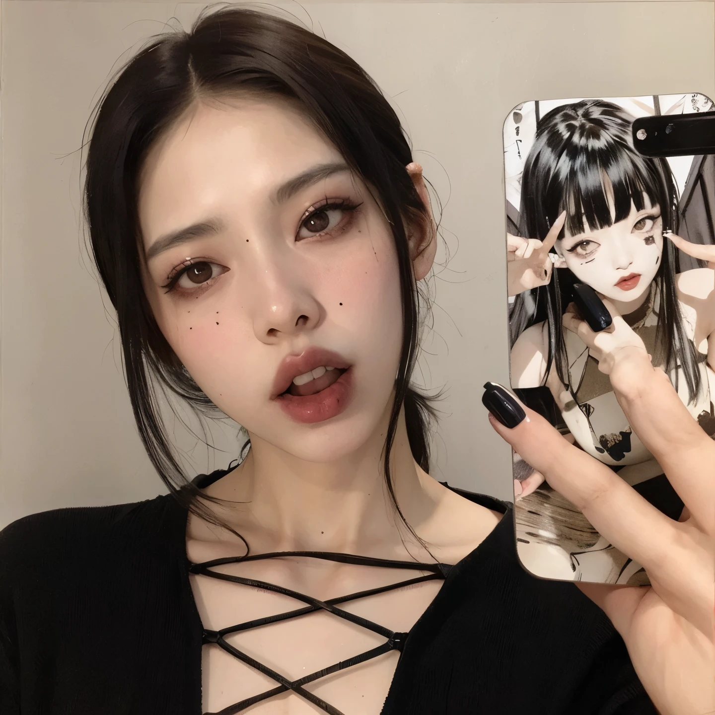 Tem uma mulher tirando uma selfie com o celular, cruel korean goth girl, Estilo de Junji Ito, Ulzzang, estilo junji ito, 1 7 Goth Anime Girl, junji ito 4 mil, arte Estilo de Junji Ito, goth girl aesthetic, coreana, Rosto de Ahegao, dilraba dilmurat