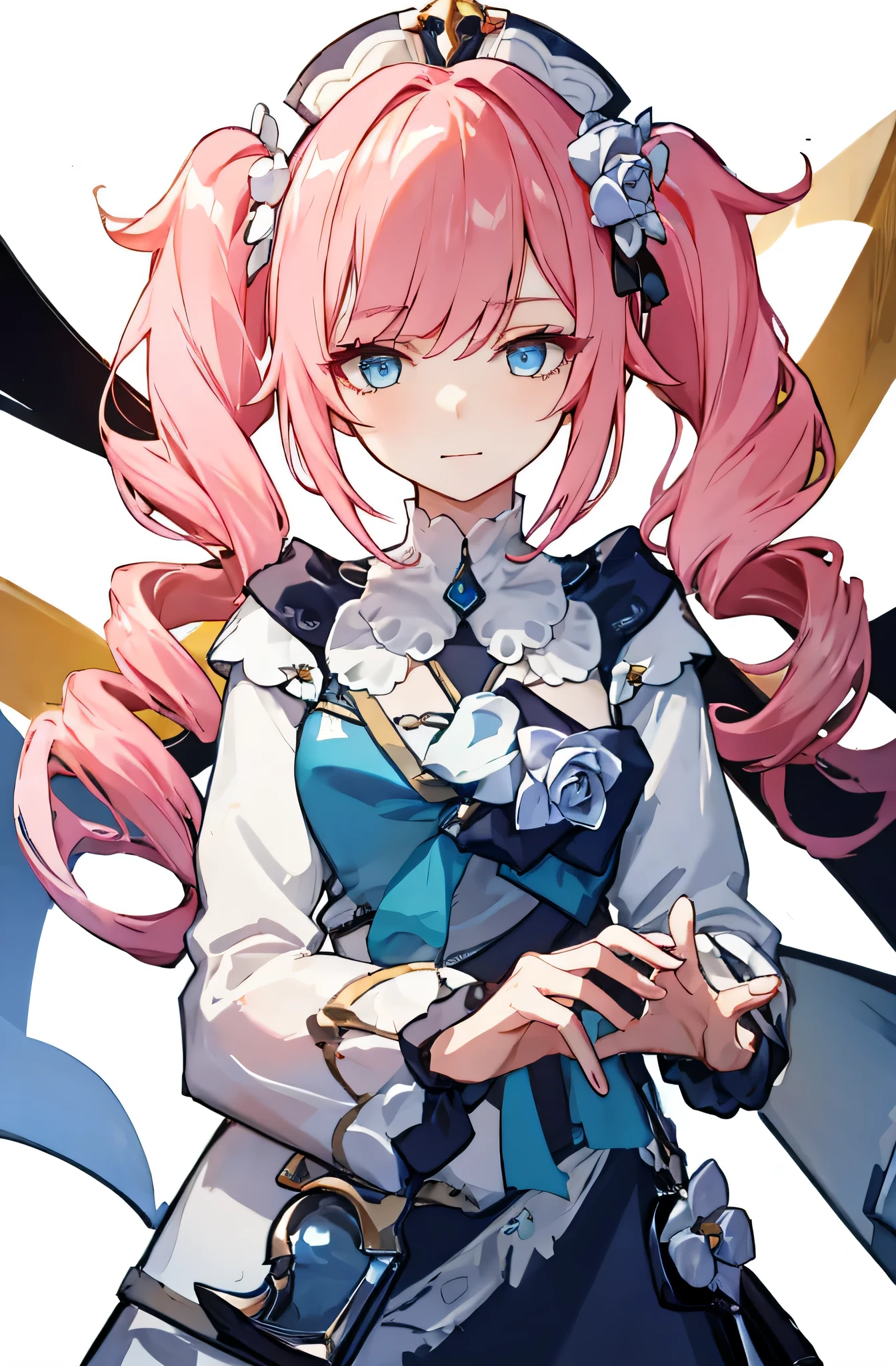 1 girl,Roses,Upper body,pink long hair,high twin tail,White Maid Costume,blue eyes,Blunt bang,