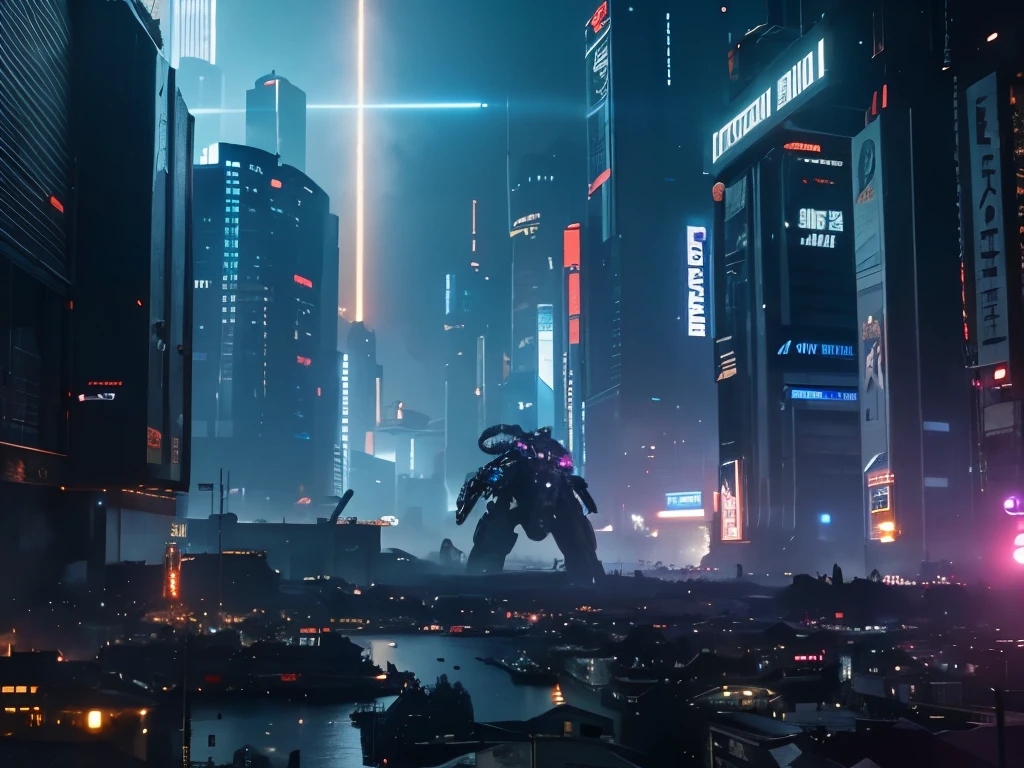 (masterpiece, highest quality, cinematic, intricate details) Huge alien mech, fighting in a dense futuristic city, night, laser beans, explosions, dynamic lighting, cyberpunk metropolis in background, gantz, terminator, Bladerunner
