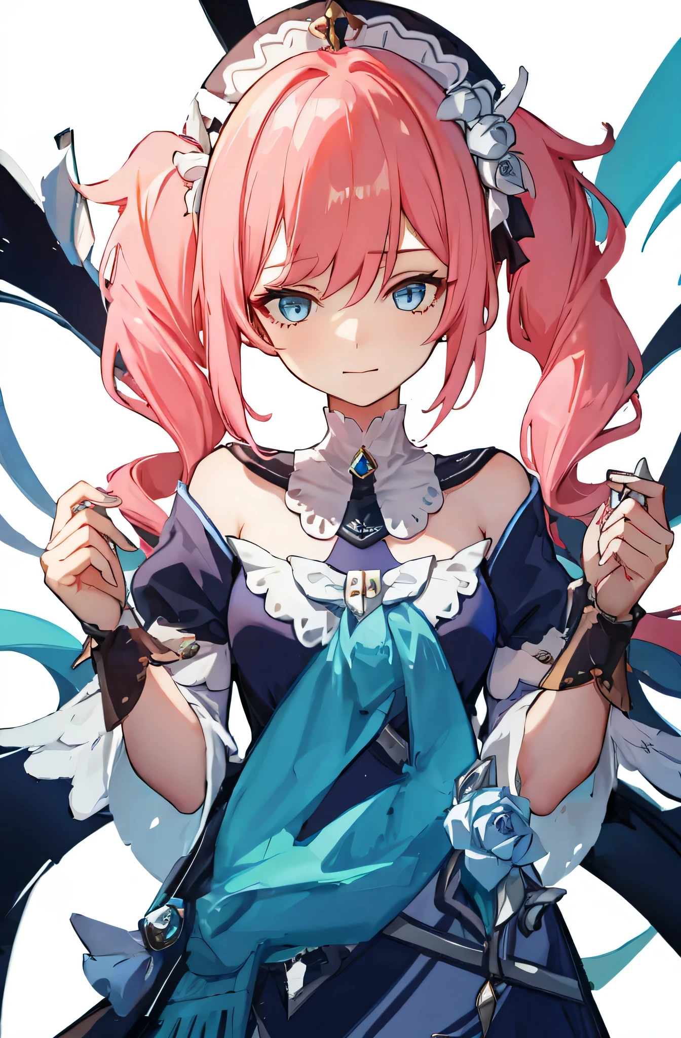 1 girl,Roses,Upper body,pink long hair,high twin tail,maid costume,blue eyes,Blunt bang,