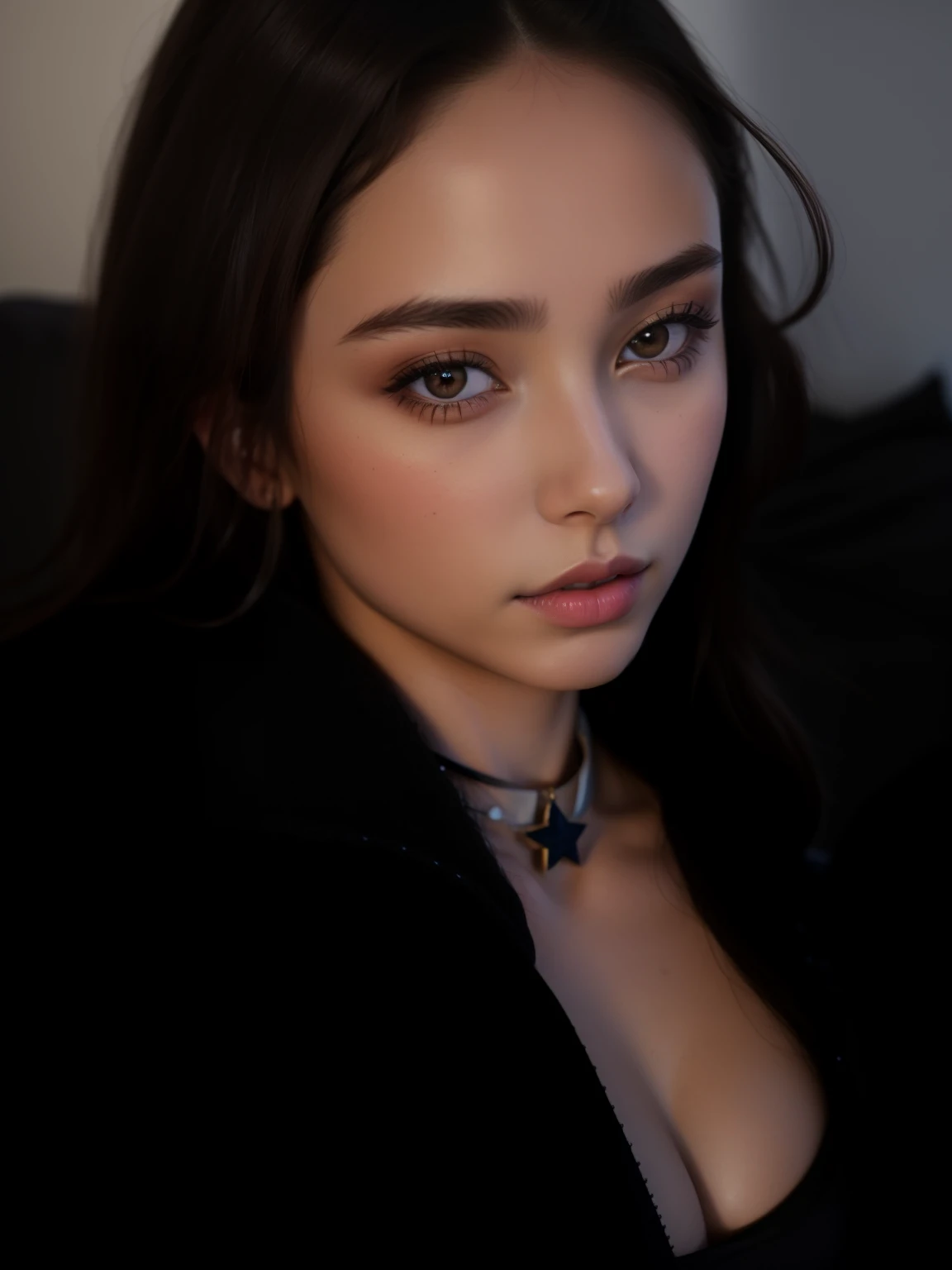 Un primer plano de una mujer con un collar de cruz en el cuello, bella poarch, rostro perfectamente iluminado, Retrato de Sophie Mudd, cara perfecta, with high cheekbones, foto de perfil, cabello oscuro y maquillaje, violeta myers, piel de oliva perfecta, headshot foto de perfil, 18 years, detailed cara perfecta, piel clara, imagen de perfil, beautiful cheekbones
