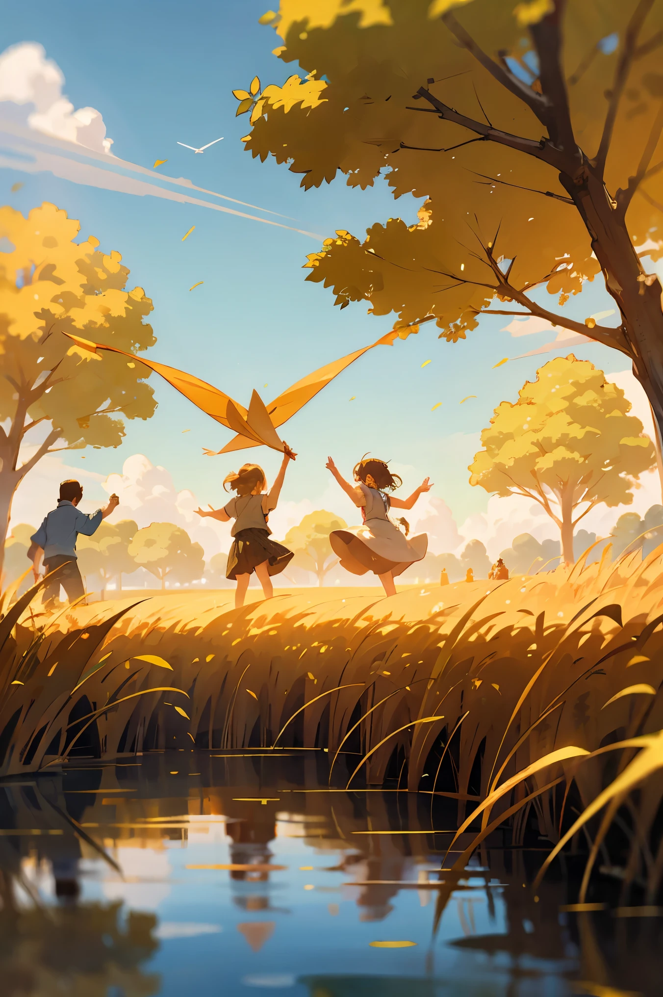 By the lake, a group of children are playing happily and splashing water. A lush forest surrounds a tranquil lake with sparkling water reflecting the blue sky and white clouds. Families picnicking in the shade and enjoying the summer. In the distance, the golden wheat fields sway with the wind, like a golden ocean. Farmers are harvesting crops and celebrating the harvest season. On the other side of the field, some young people are flying kites, and the colorful kites are dancing in the blue sky.