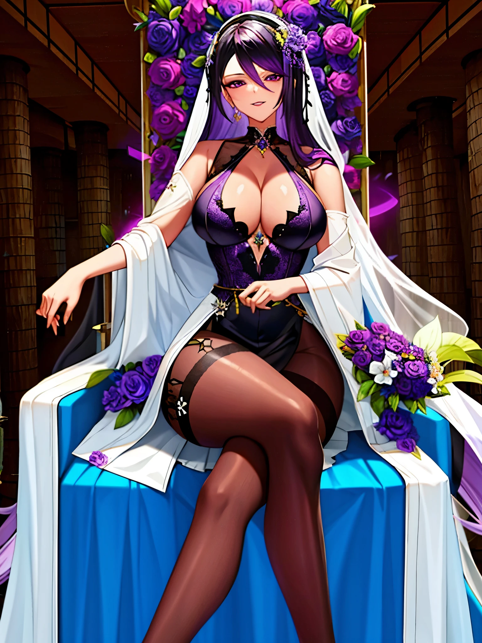 Highest resolution, 8k, ultra detailed outfit, ultra detailed digital illustration, trending on pixiv, (1 girl, solo, mature woman), dark purple hair with silver tips, large breasts, black eyes, (black veil, saw-tooth teeth, jagged teeth), elegant blue blazer, white blouse, deep V-neck, (black stockings, black pantyhose, black boots), (black and purple flowers as hair accessories, black and purple flowers), crossed legs, sexy pose, milf, sitting on a chair, aberrant colours, barren lands as background, colour scheme of background is purple black and blue, light grin, evil aura, curvy waist, long skirt