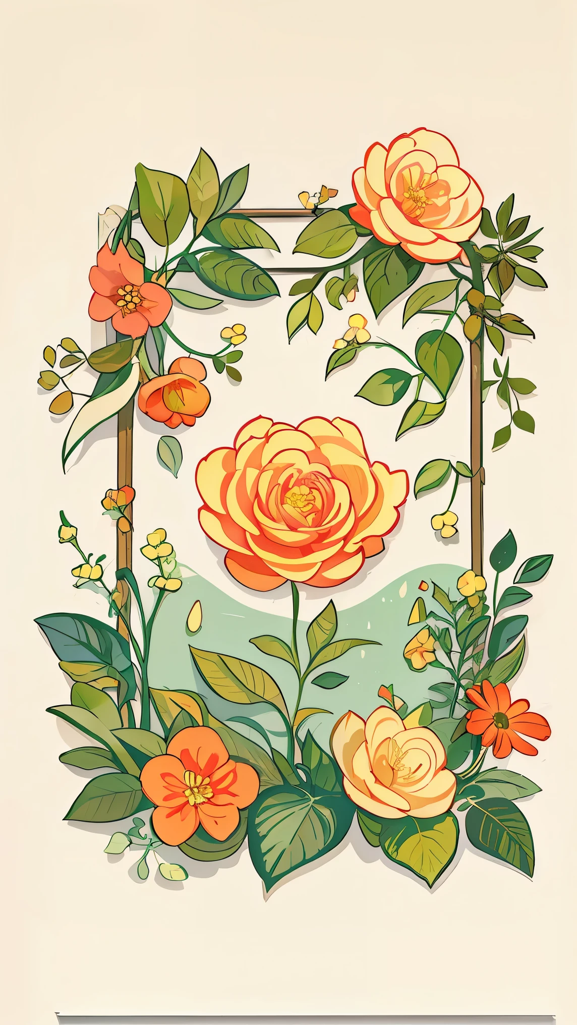 Slight vintage color,planar,,RISO print style,illustration,adolable,Leave white space,low-saturation,Lots of flowers，Individually arranged，leafs，branches，Printing， a sticker，Random distribution，Lovely drawing style， Color guide，Graphic design，Carpet pattern，（solid color backdrop）