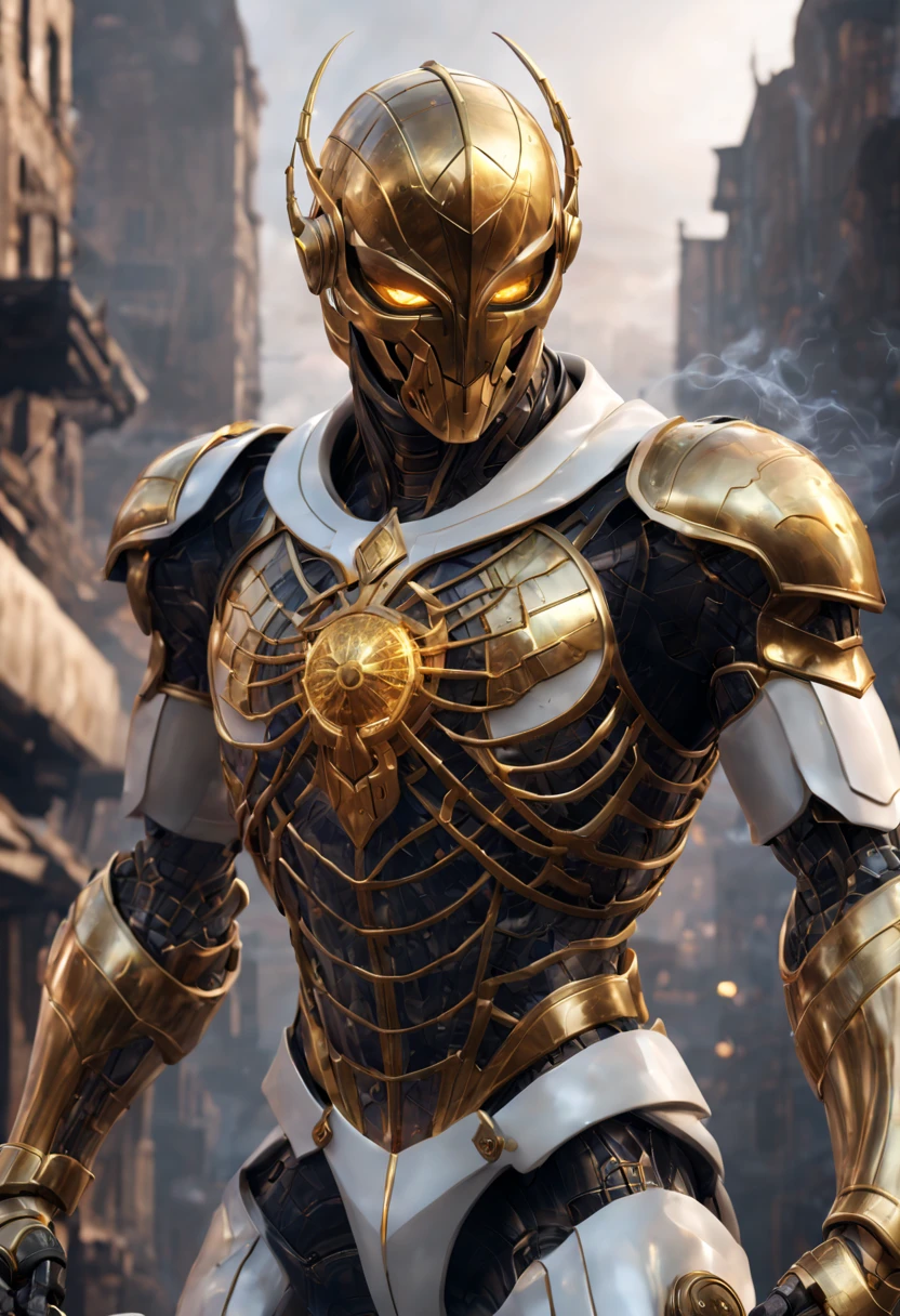 Pc wallpaper 3d render of a highly detailed [golden knight of the zodiac of libra ], golden made ultra Detailed translucent, dynamic combat pose, hdr, 8k, subsurface scattering, specular light, highres, octane render, ray traced, full body, smoke, balances spider web over the ruined city background, white suit,cyborg style,cyborg