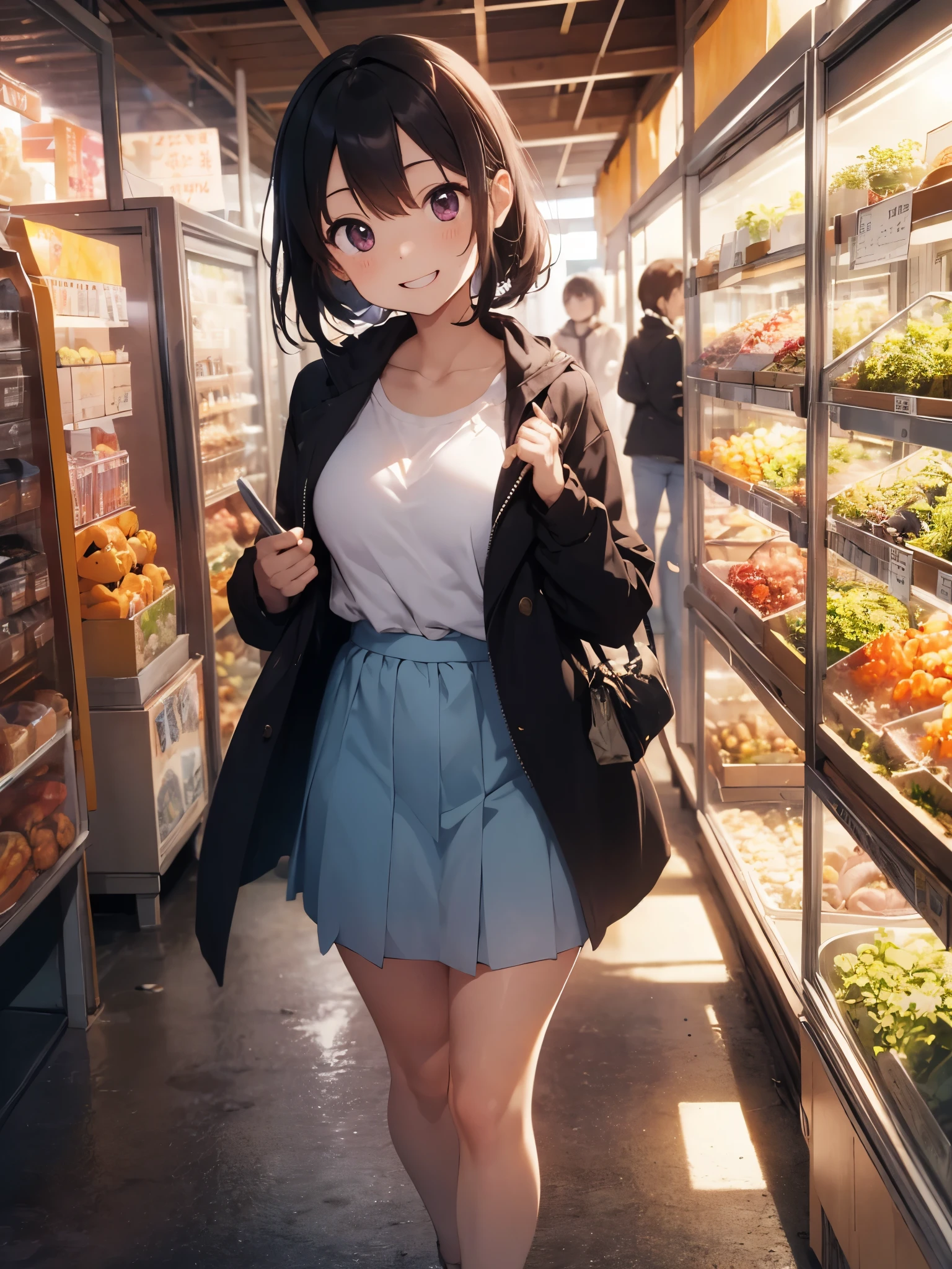 highest quality、All limbs、full finger、Slender beauty、bob hair、long sideburns、brown hair、Light purple eyes、((  knit long coat))、((Red Mini Flared Skirt))、brown pantyhose、beautiful big breasts、carry a shopping cart in one&#39;s arms、aquarium、many kinds of vegetables、high ceilings、巨大なaquarium、がaquariumの中で、aquariumの魚の学校、Watching the fish、big smile、sexy pose