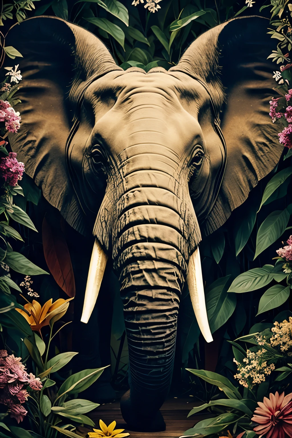 collage contemporary art, elephant head, with flowers and leaves, some brilliant insects, painted, ultra detailed, full color, vibrant colors, 8k, realistic