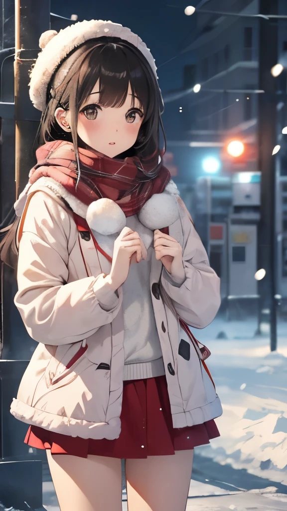 High resolution、one young girl、It's snowing lightly、Meet in front of the station in winter、I'm waiting with red cheeks、white fluffy clothes、red muffler、mini skirt、