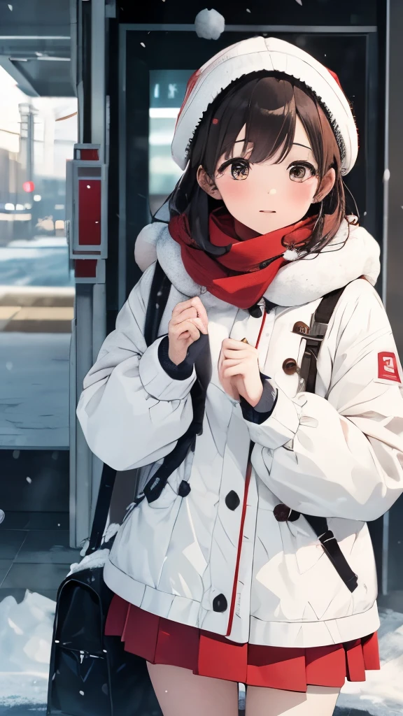 High resolution、one young girl、It&#39;s snowing lightly、Meet in front of the station in winter、I&#39;m waiting with red cheeks、white fluffy clothes、red muffler、mini skirt、