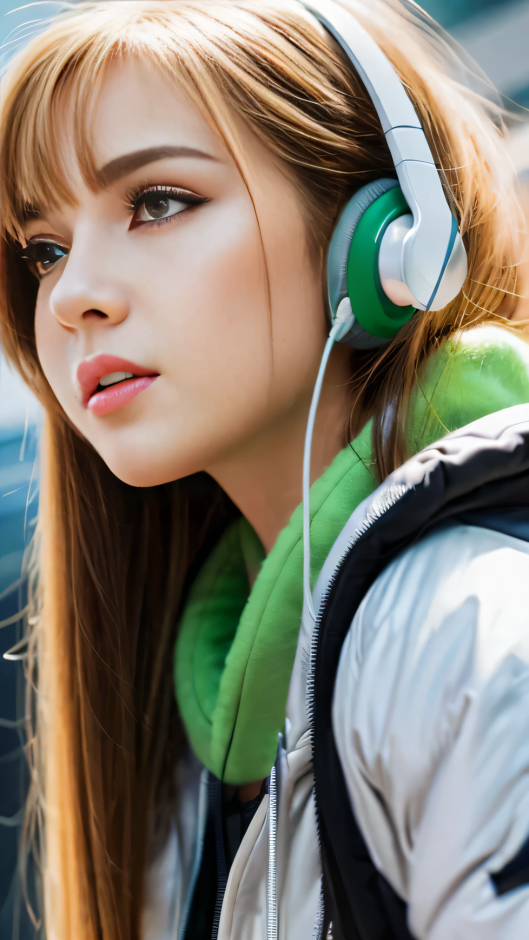 masterpiece), (Highest image quality, High resolution, High definition, An illustration), 1girl, solo, City, modern, Profile photo close-up, blonde beige long hair, green eyes, beautiful detailed eyes, squat, headphones, 8k, Trending on ArtStation, Featured on pixiv