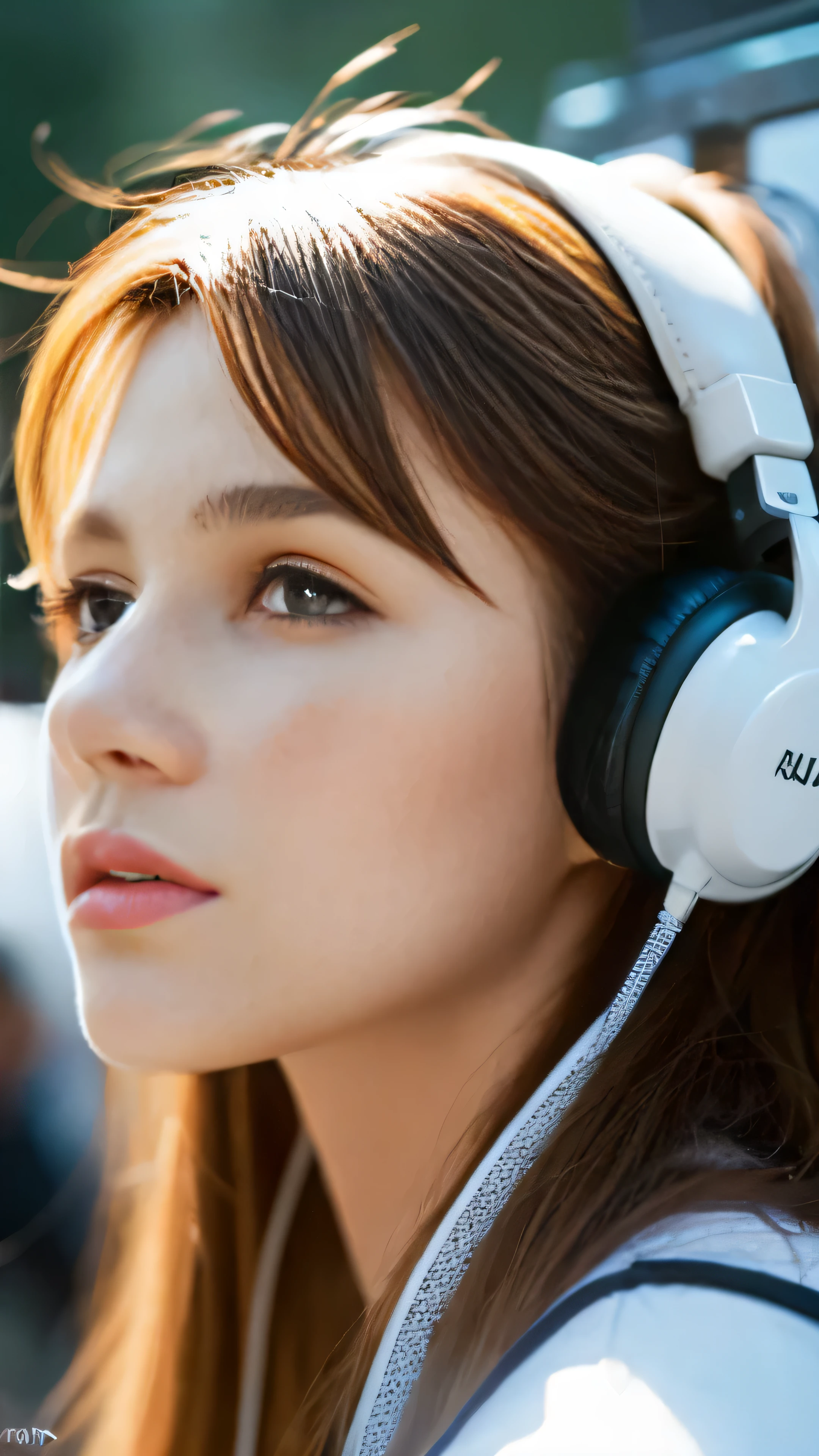 masterpiece), (Highest image quality, High resolution, High definition, An illustration), 1girl, solo, City, modern, Profile photo close-up, blonde beige long hair, green eyes, beautiful detailed eyes, squat, headphones, 8k, Trending on ArtStation, Featured on pixiv