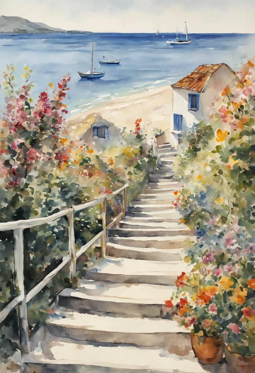 The narrow staircase leading to the seaside, summer flowers, the white sandy beach beyond, small boats, and watercolors.