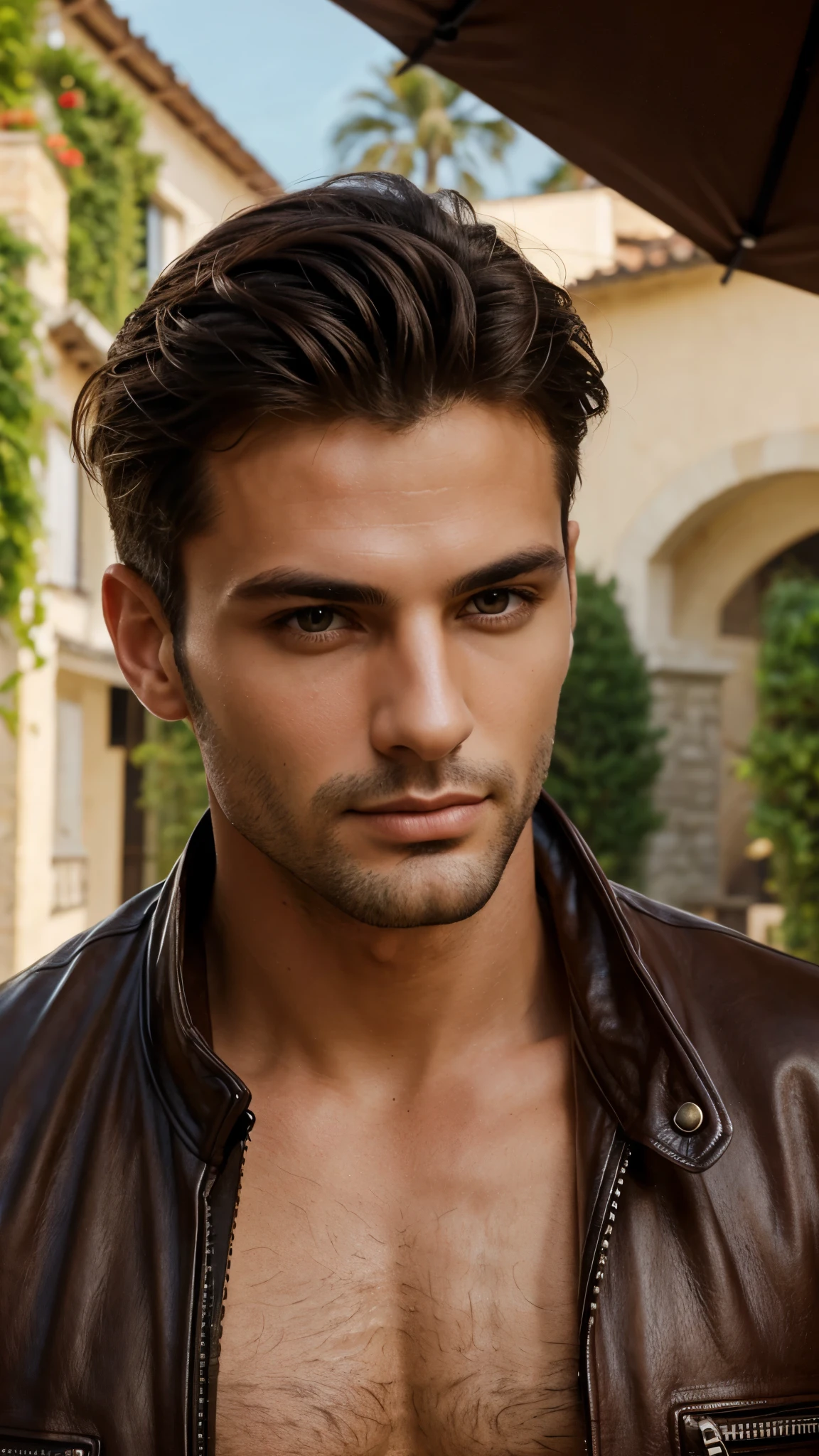realistic naturally handsome Italian male model, background of a luxurious house, model wearing a leather jacket. shaven hair, brown eyes, cosy looking image, close-up, high quality.