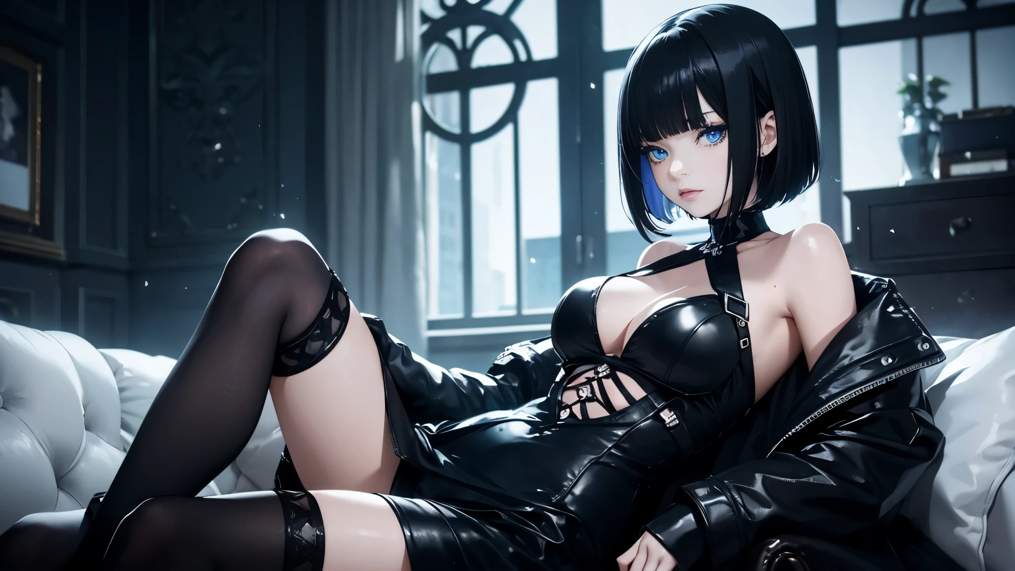 a 19yo woman(goth girl, black bobcut hair) Her eyes are blue and beautiful, gothic clothes, laying on a white leather couch、full body shot, light particles, black lipstick、Detailed details, cinematic lights, sweaty skin, massive breasts,